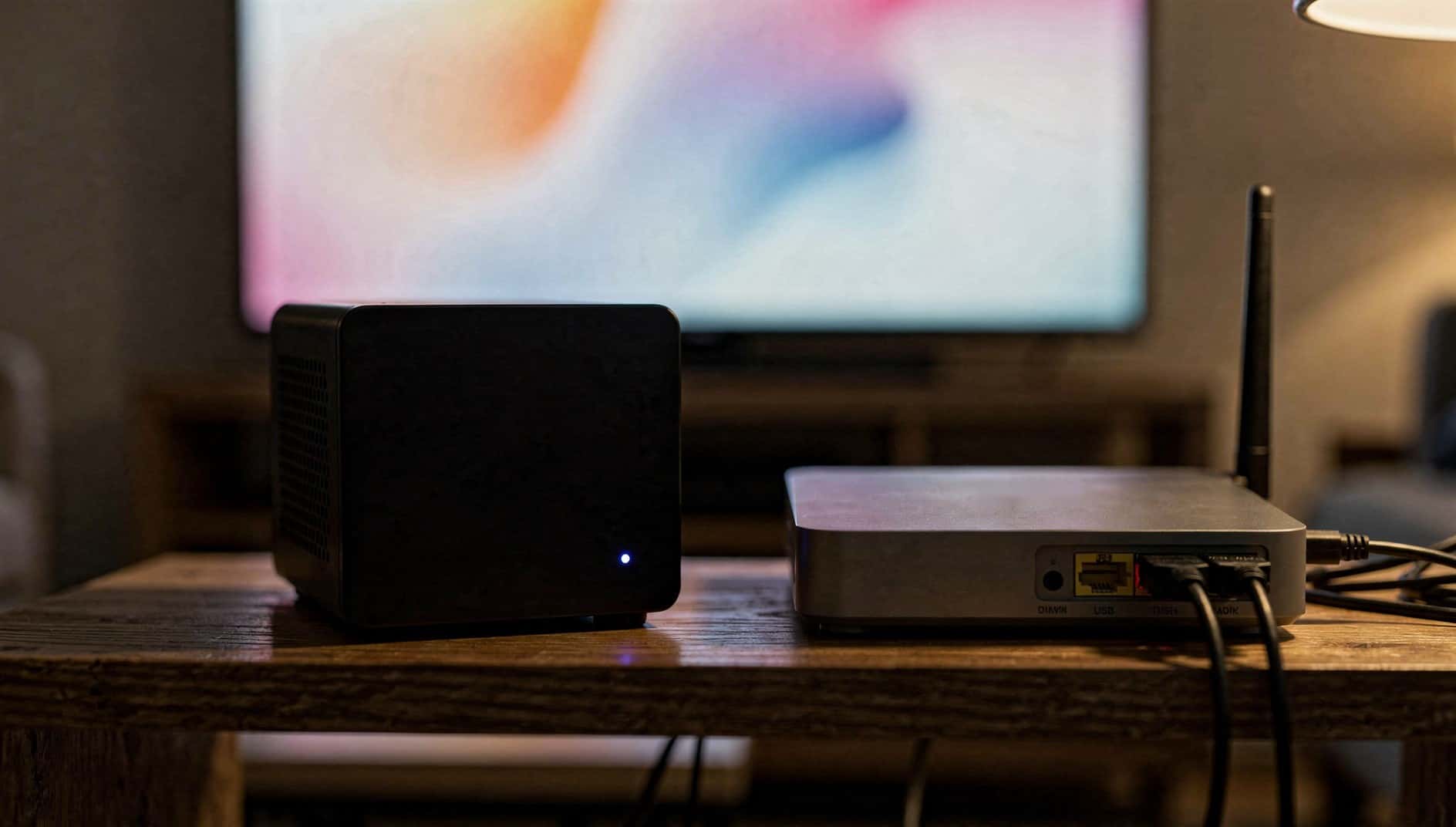 Mini PC que hace de servidor multimedia junto al router, con la televisión al fondo