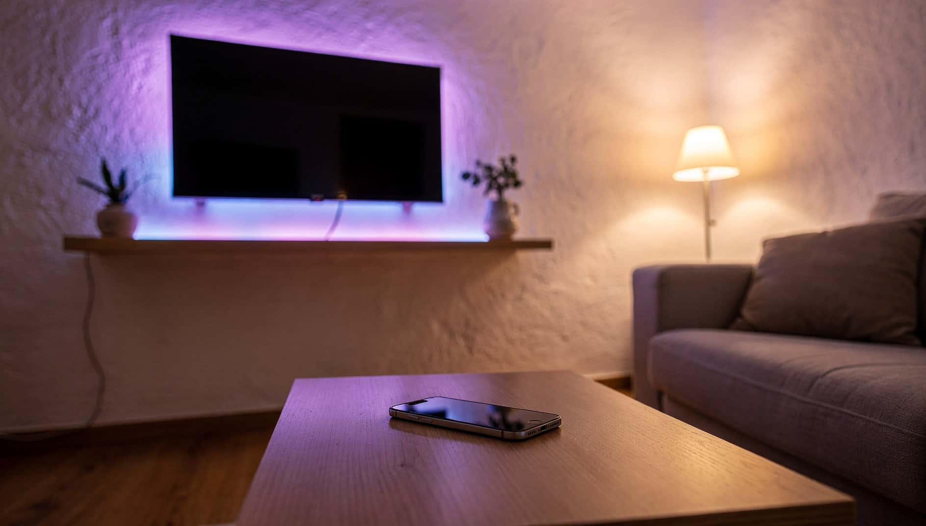 Salón iluminado por una tira LED morada detrás de la televisión, con un móvil sobre la mesa