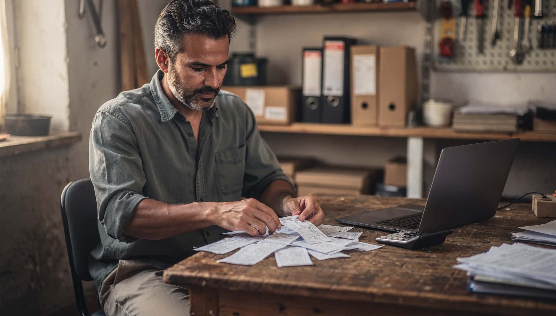 Autónomo ordenando tiques y facturas en su mesa de trabajo para llevar la contabilidad