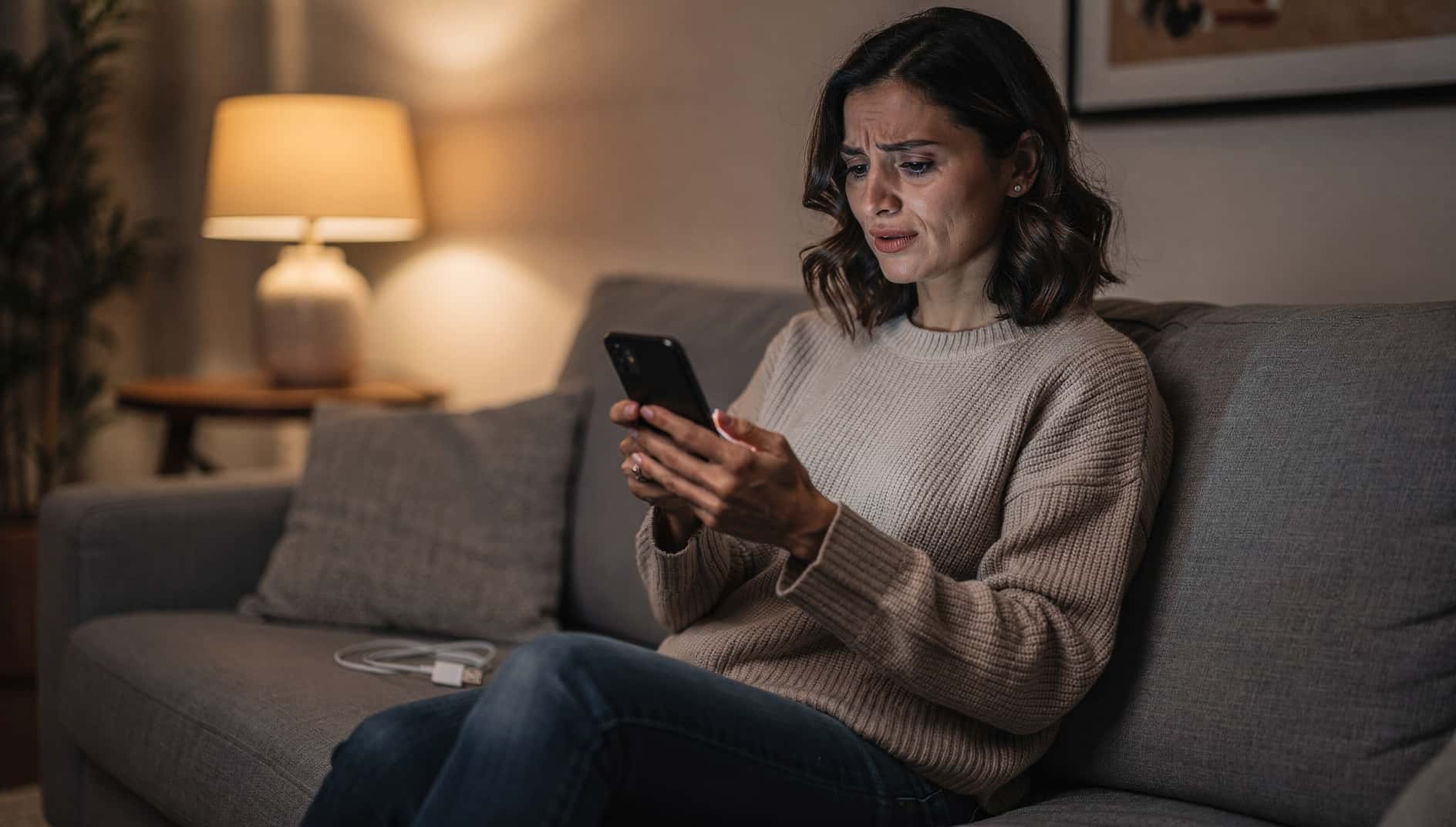 Mujer en el sofá mirando su móvil Samsung con gesto de duda junto al cargador