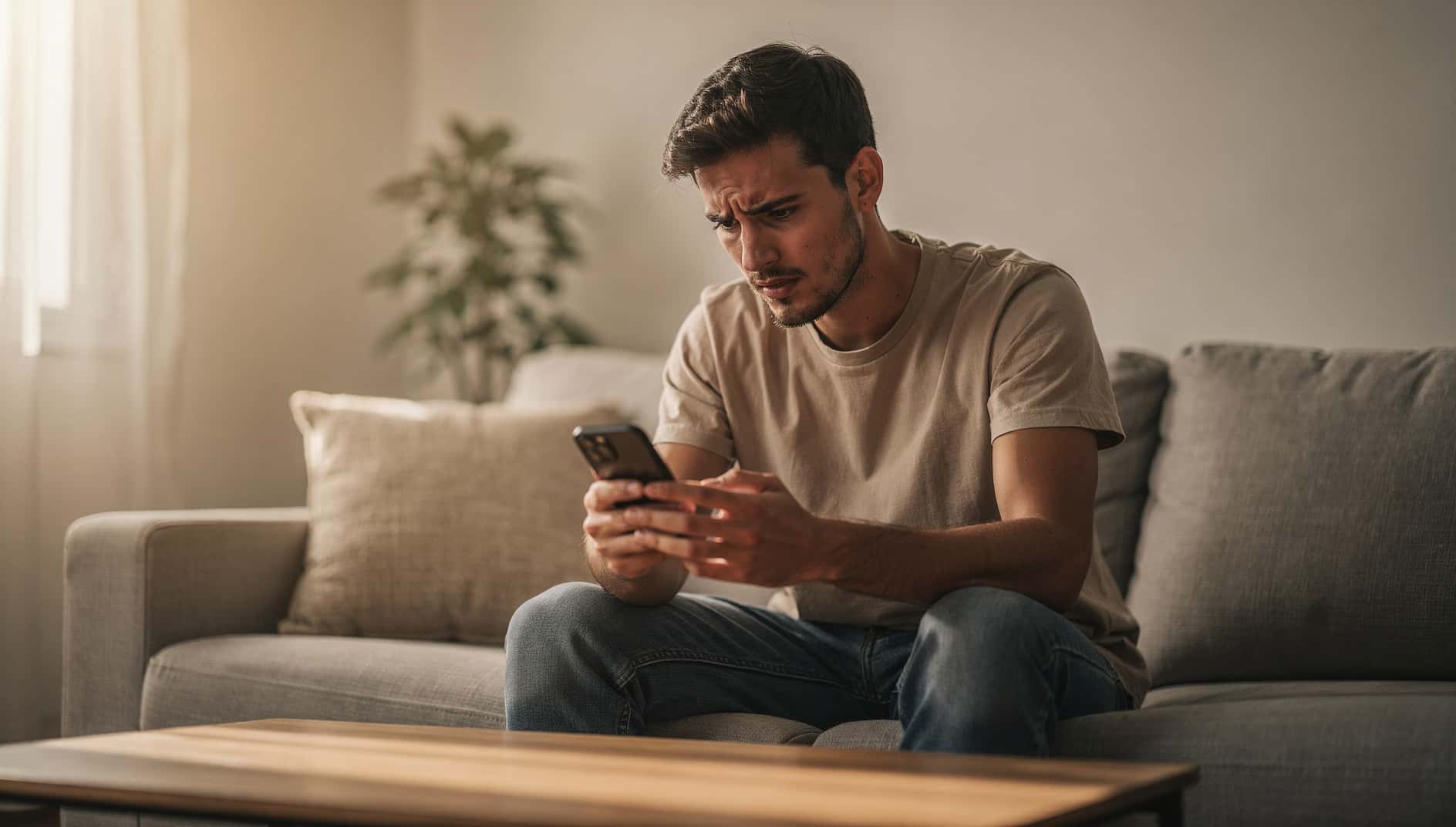 Joven en el sofá mirando su móvil, preocupado porque se ha quedado sin espacio