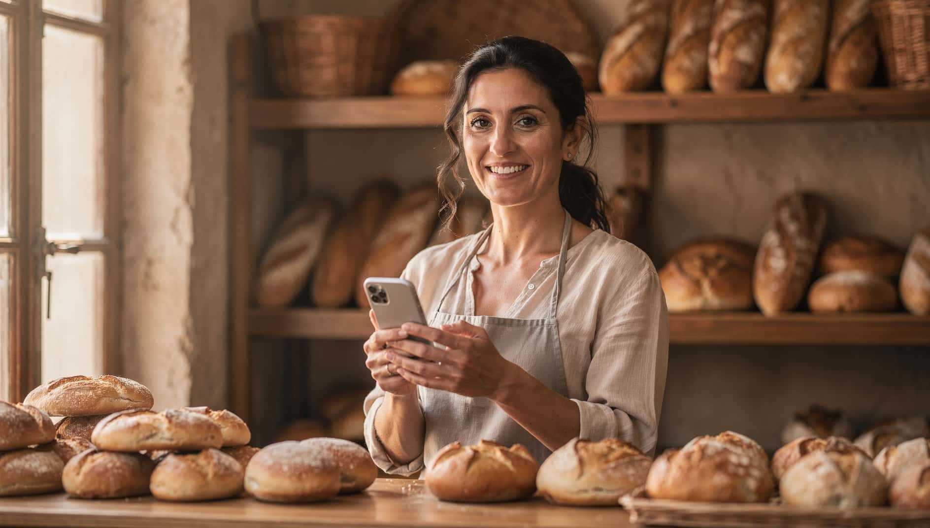 Dueña de una panadería de barrio consultando el móvil detrás del mostrador