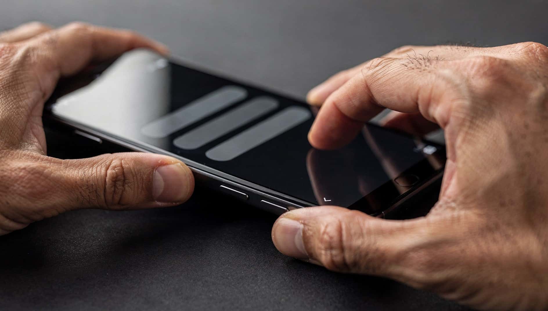 Manos que pulsan los botones laterales de un móvil con un menú del sistema en pantalla