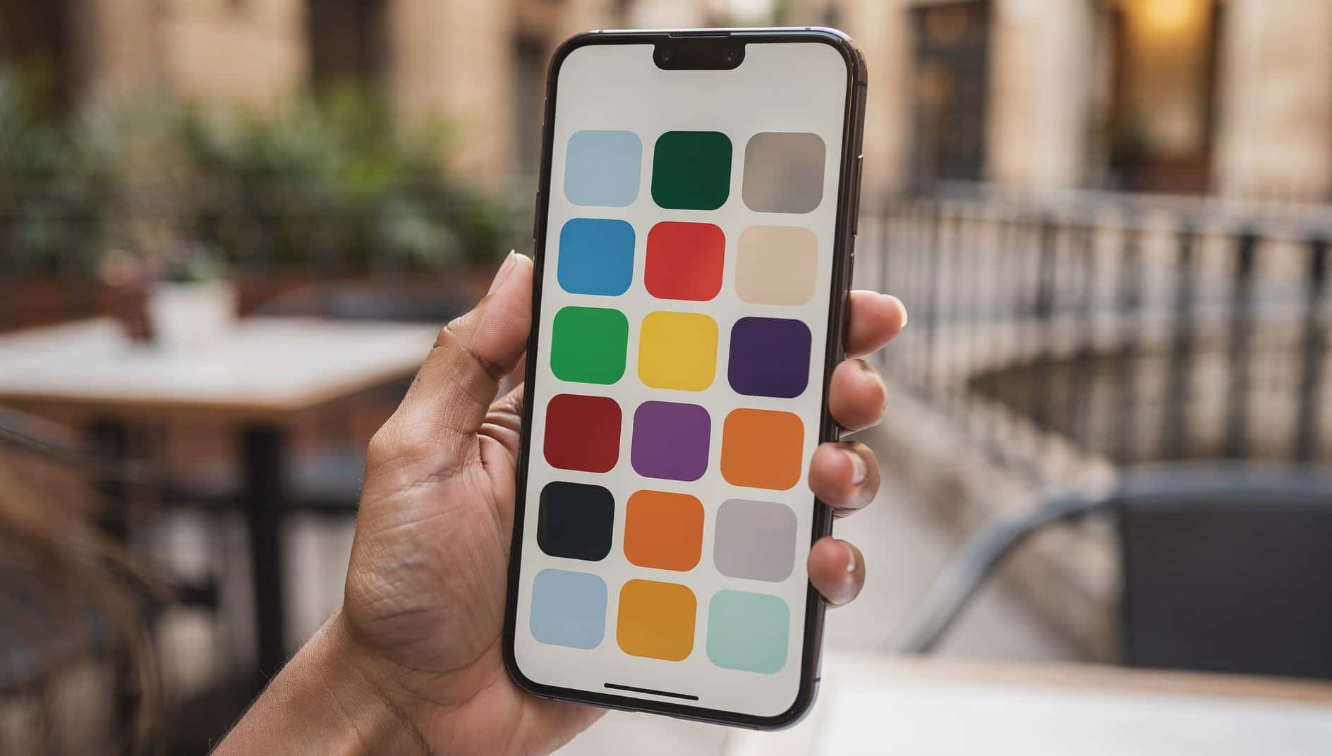 Mano que sostiene un móvil con la pantalla de inicio llena de iconos de colores