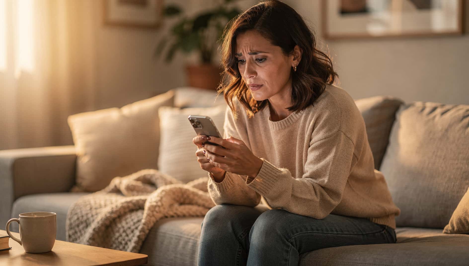 Mujer en el sofá mirando preocupada su móvil tras borrar un chat