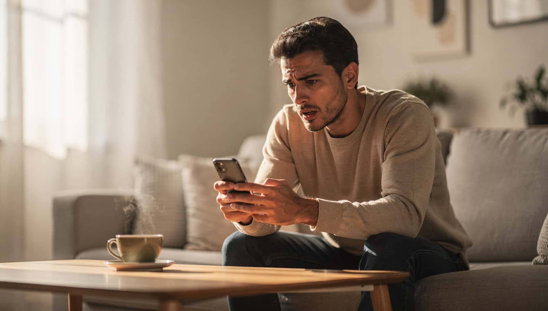 Hombre mirando extrañado su móvil en horizontal en el sofá porque el vídeo no carga