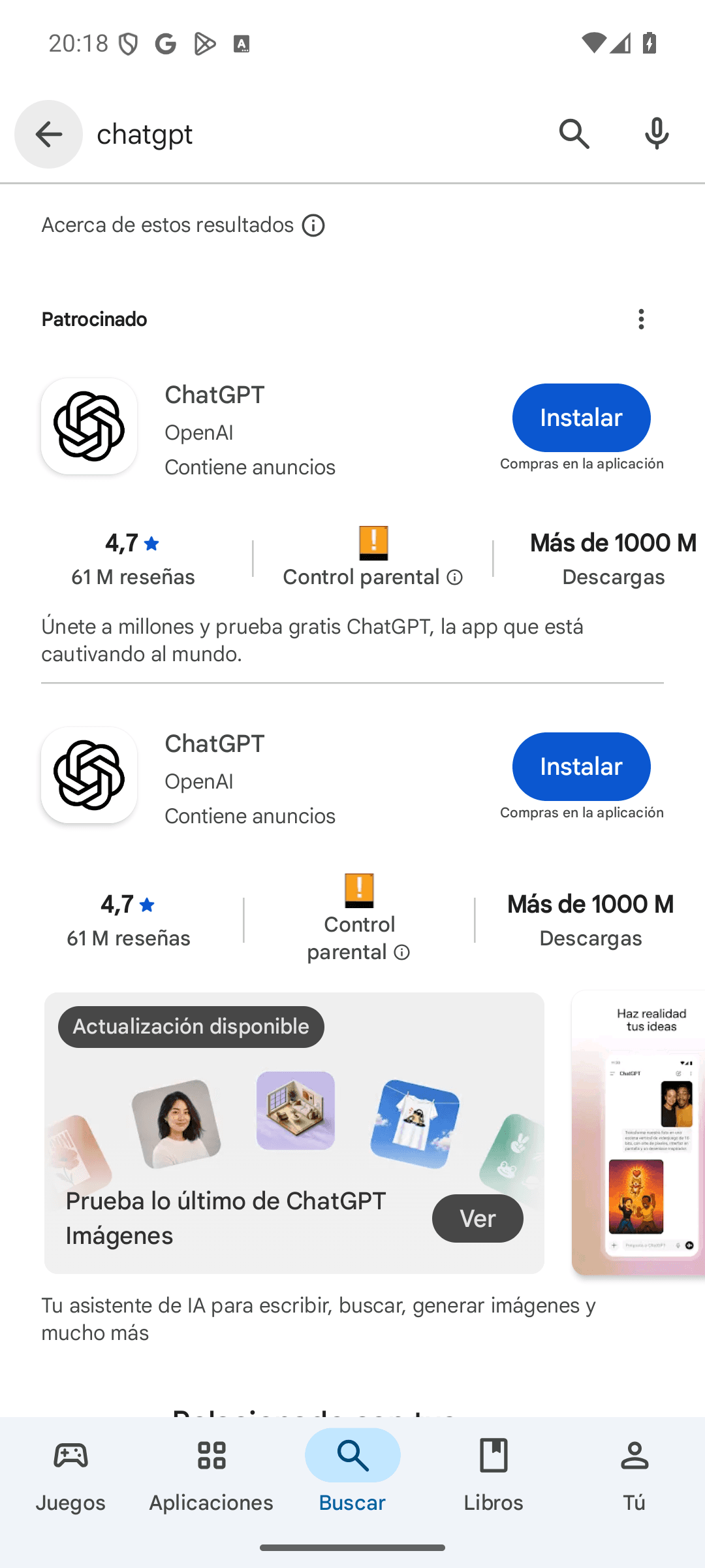 Resultados de búsqueda de ChatGPT en Play Store con un resultado patrocinado arriba y el desarrollador OpenAI bajo el nombre