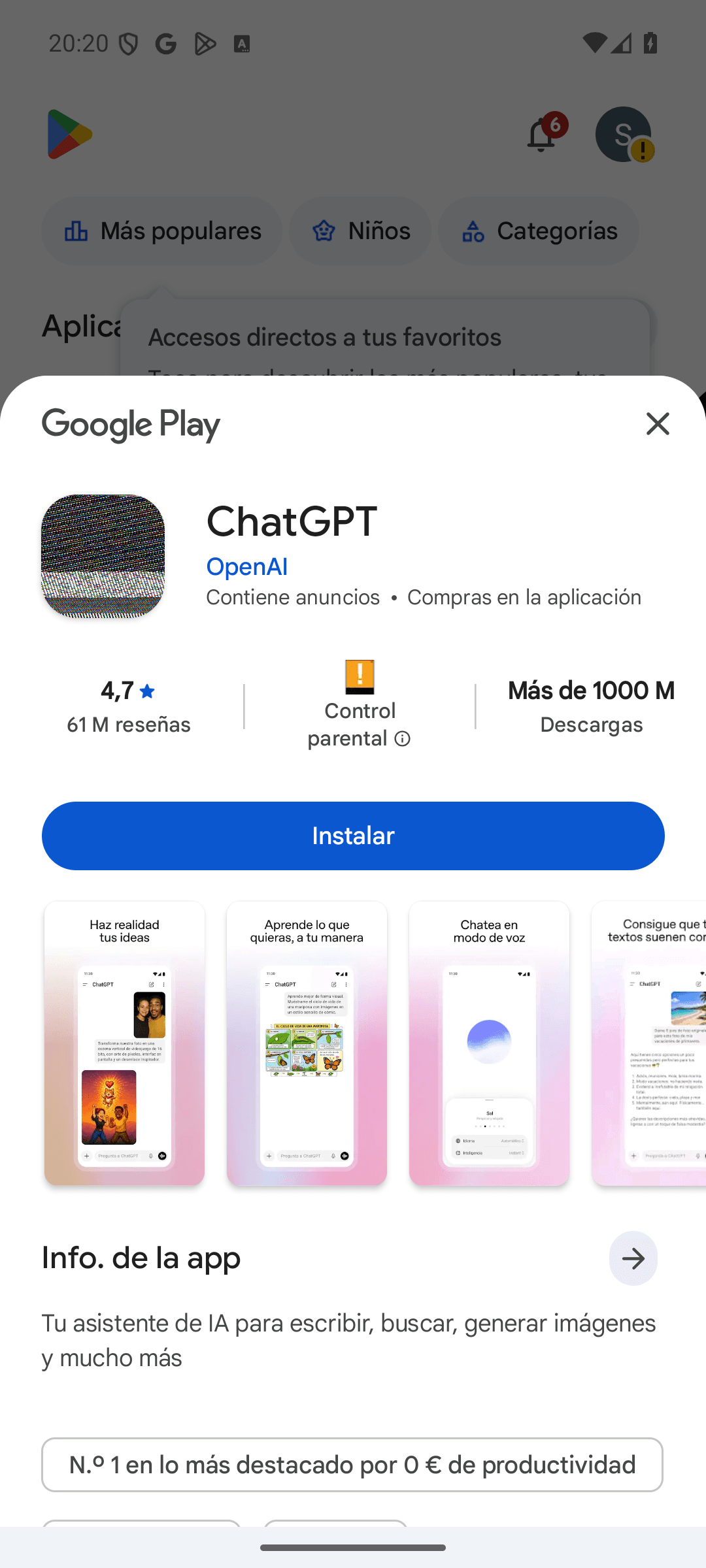 Ficha de ChatGPT en Play Store con el desarrollador OpenAI, «Contiene anuncios», «Compras en la aplicación» y más de 1000 millones de descargas