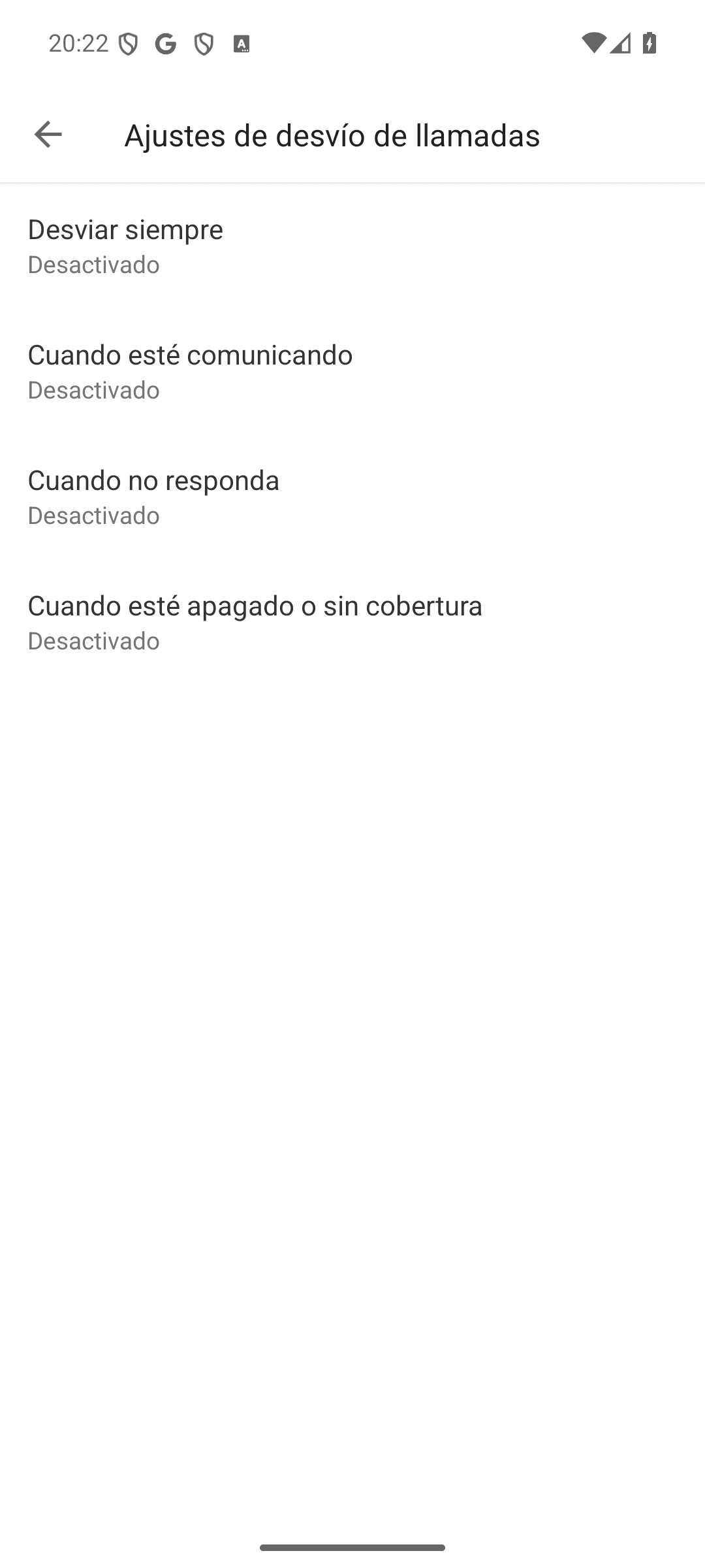Ajustes de desvío de llamadas con los cuatro tipos de desvío desactivados