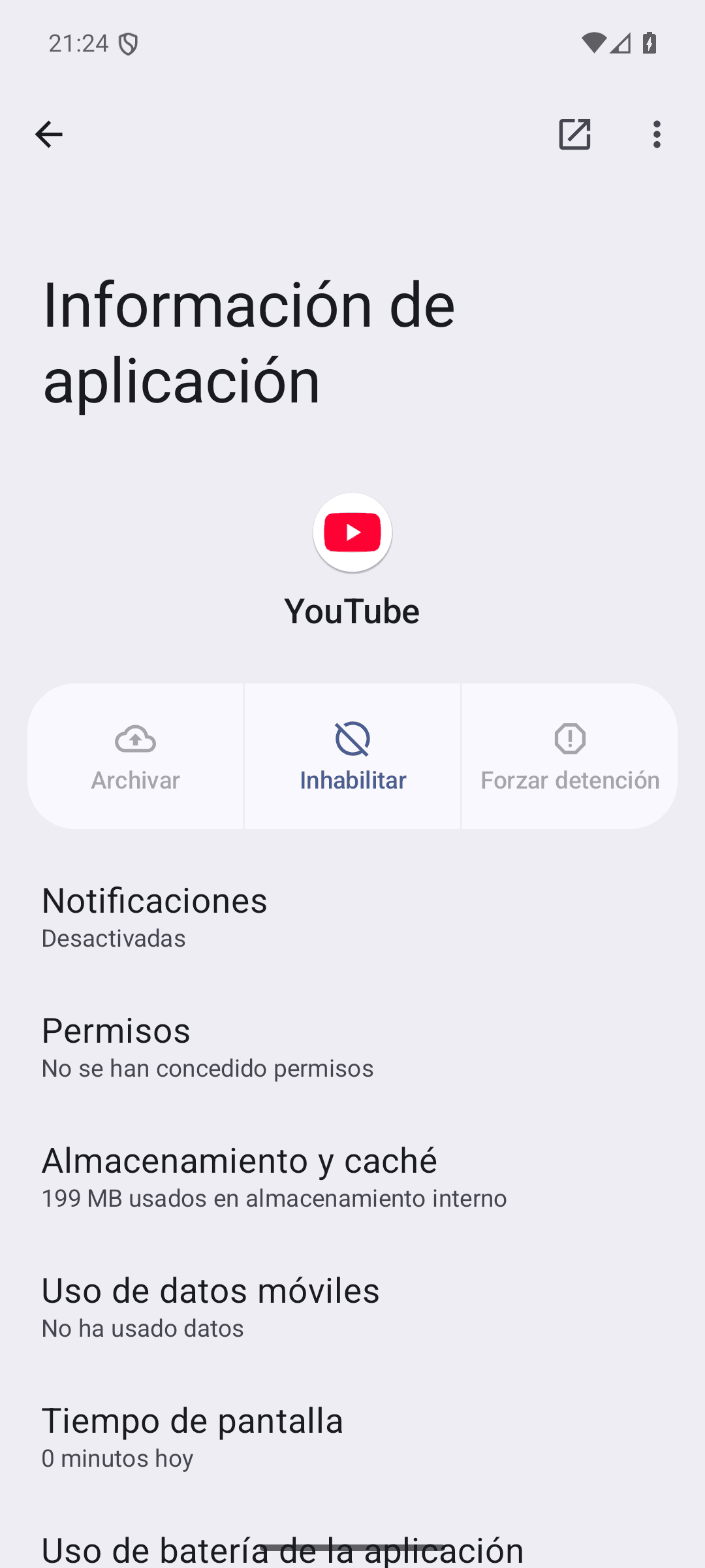 Pantalla «Información de aplicación» con los botones «Archivar», «Inhabilitar» y «Forzar detención»