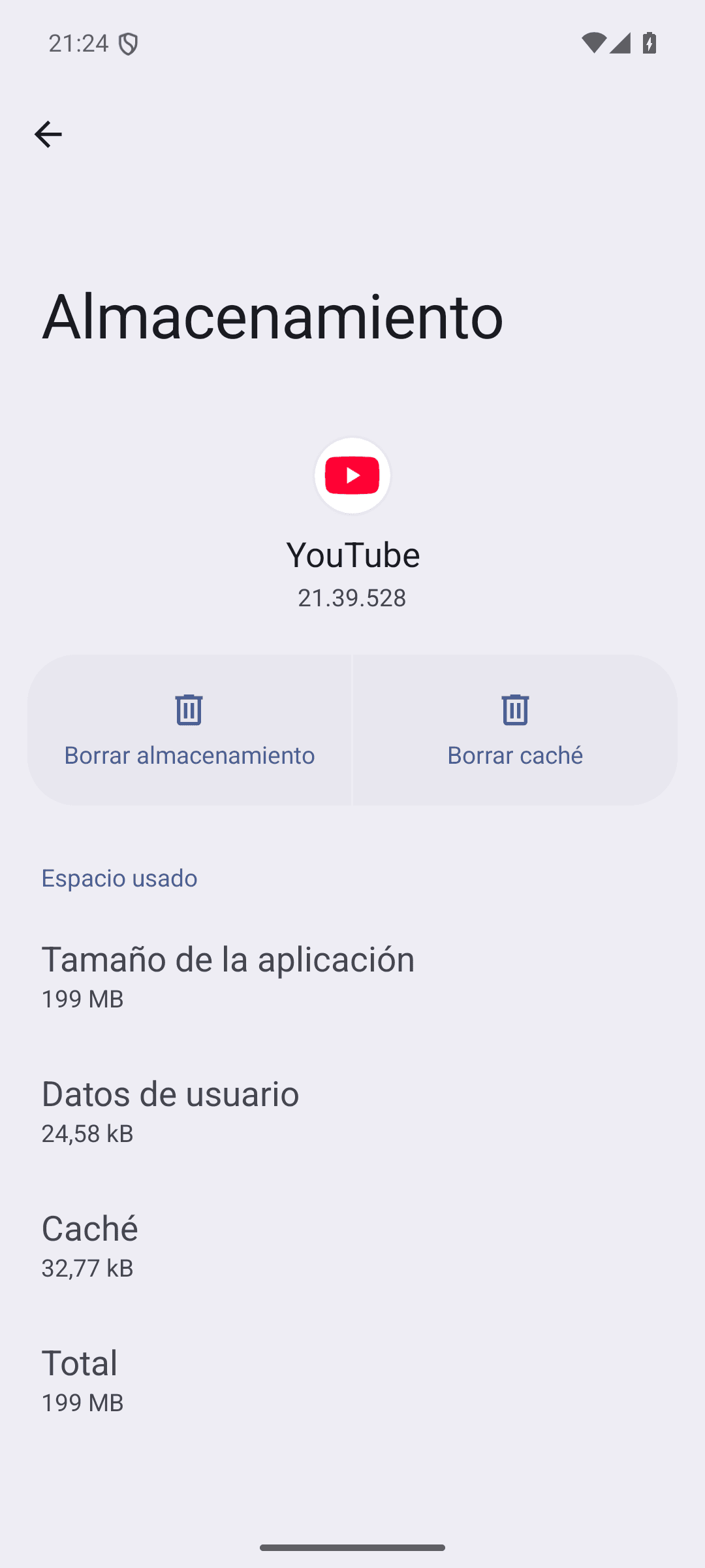 Pantalla de almacenamiento de una app con los botones «Borrar almacenamiento» y «Borrar caché»