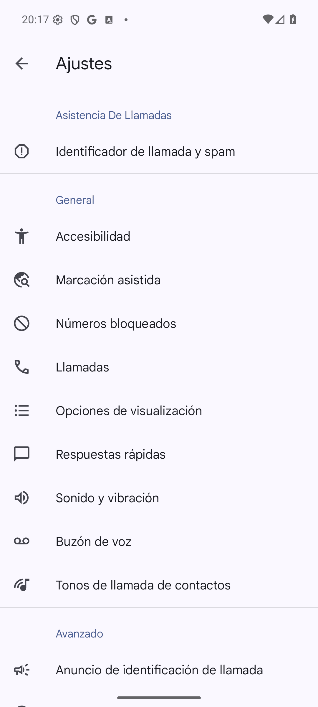 Pantalla de Ajustes de la app Teléfono de Google con la opción Llamadas