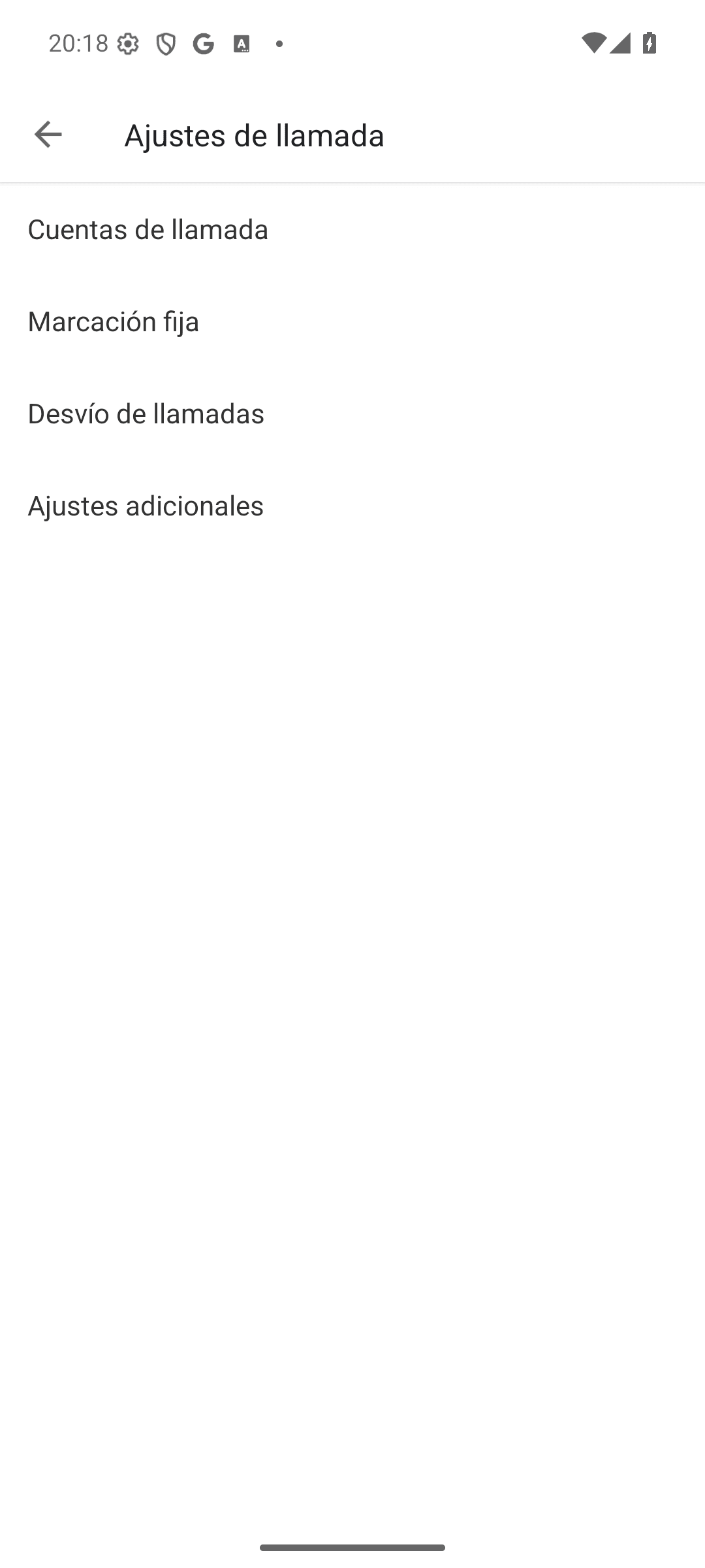 Pantalla Ajustes de llamada con la opción Ajustes adicionales
