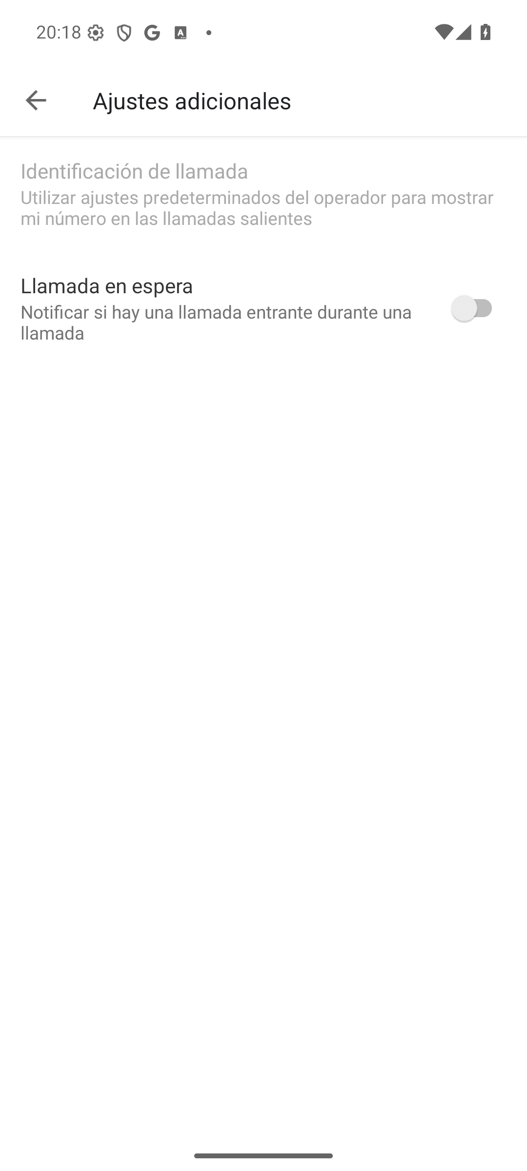 Pantalla Ajustes adicionales con la opción Identificación de llamada