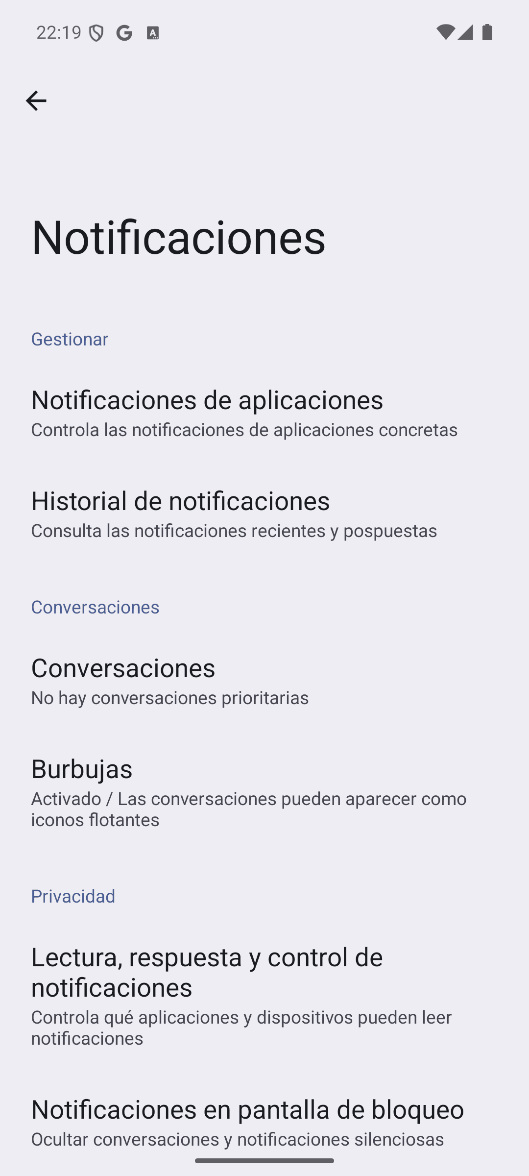 Pantalla Notificaciones de Ajustes con la opción Historial de notificaciones