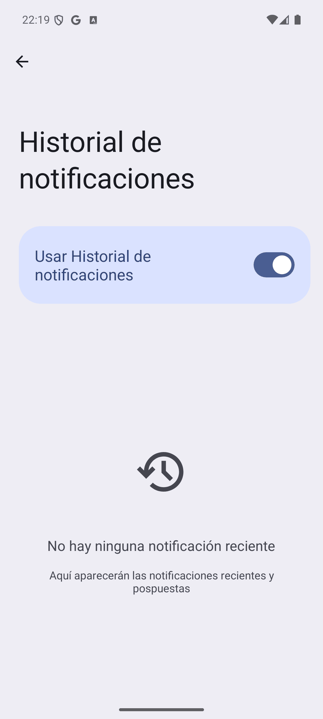 Historial de notificaciones ya activado, todavía sin notificaciones recientes