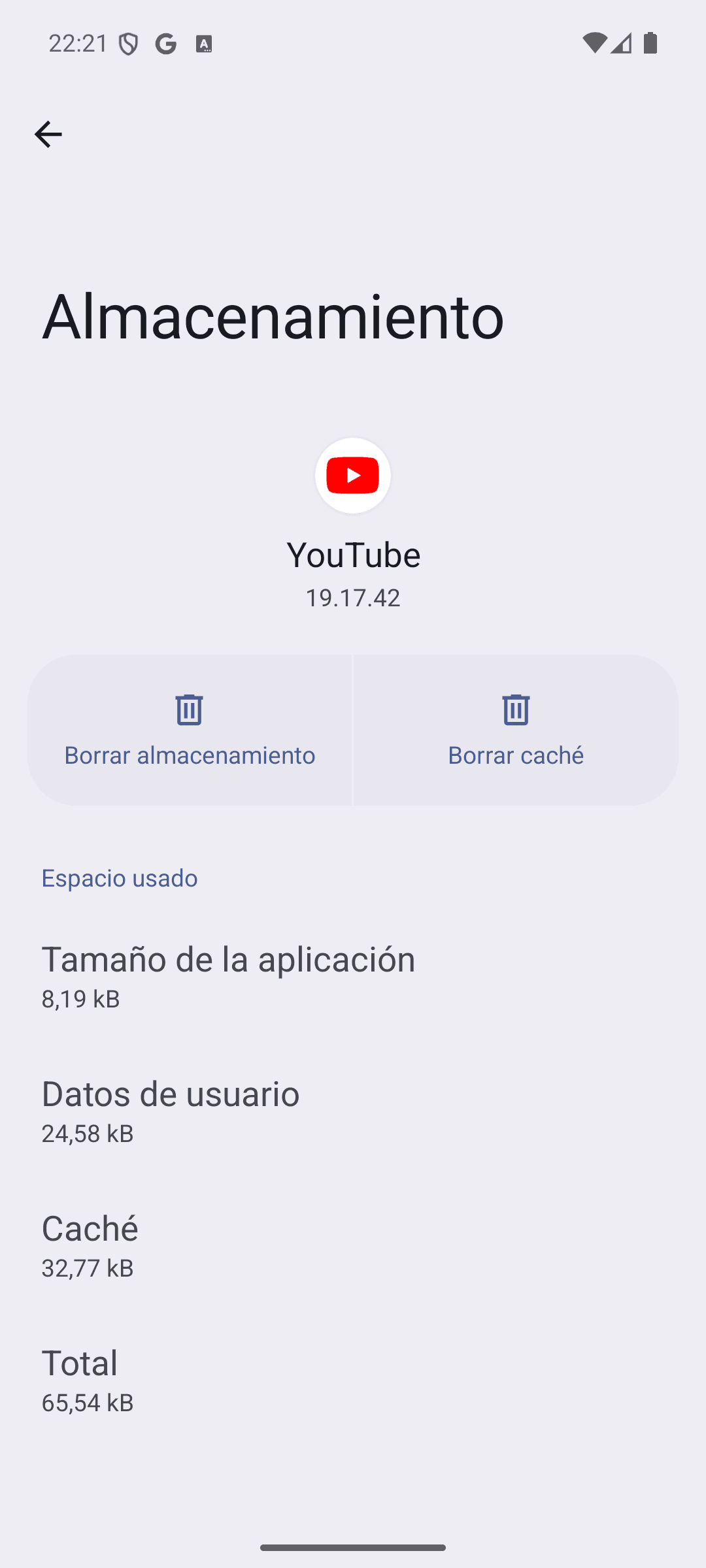 Pantalla Almacenamiento de YouTube con los botones Borrar almacenamiento y Borrar caché