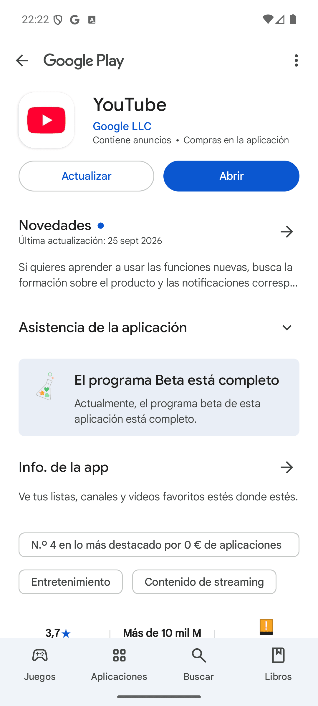 Ficha de YouTube en Google Play con los botones Actualizar y Abrir