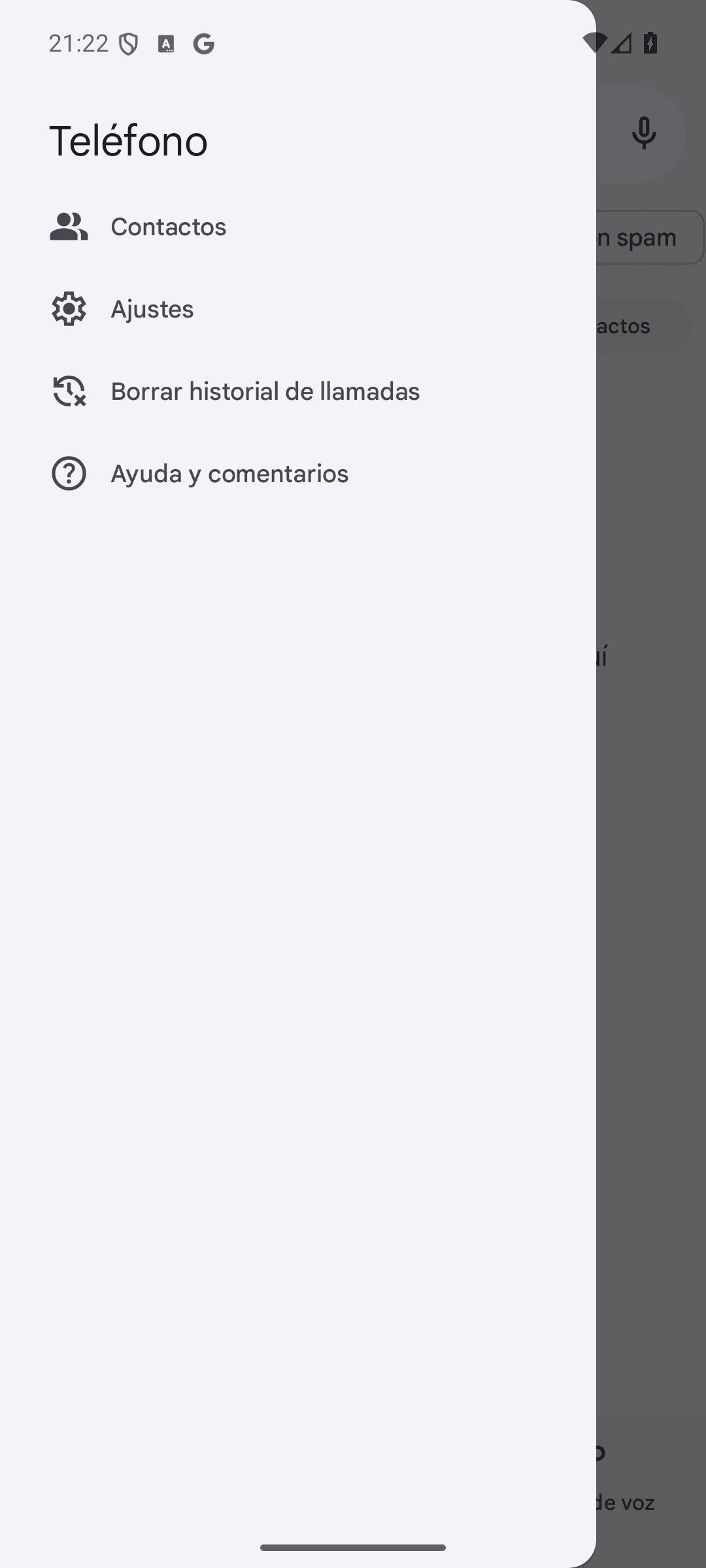 Menú lateral de la app Teléfono de Google con las opciones Contactos, Ajustes, Borrar historial de llamadas y Ayuda