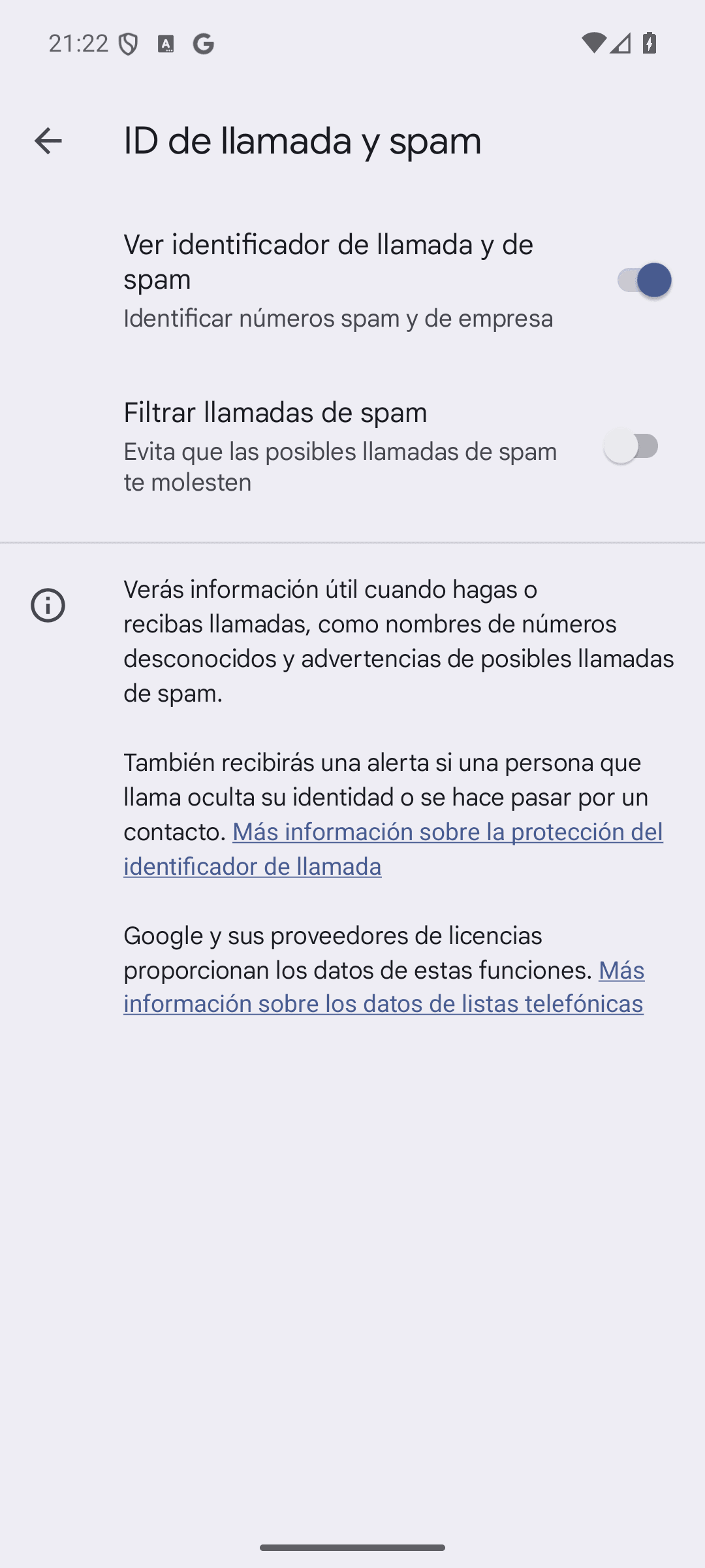 Pantalla ID de llamada y spam con los interruptores Ver identificador de llamada y de spam y Filtrar llamadas de spam