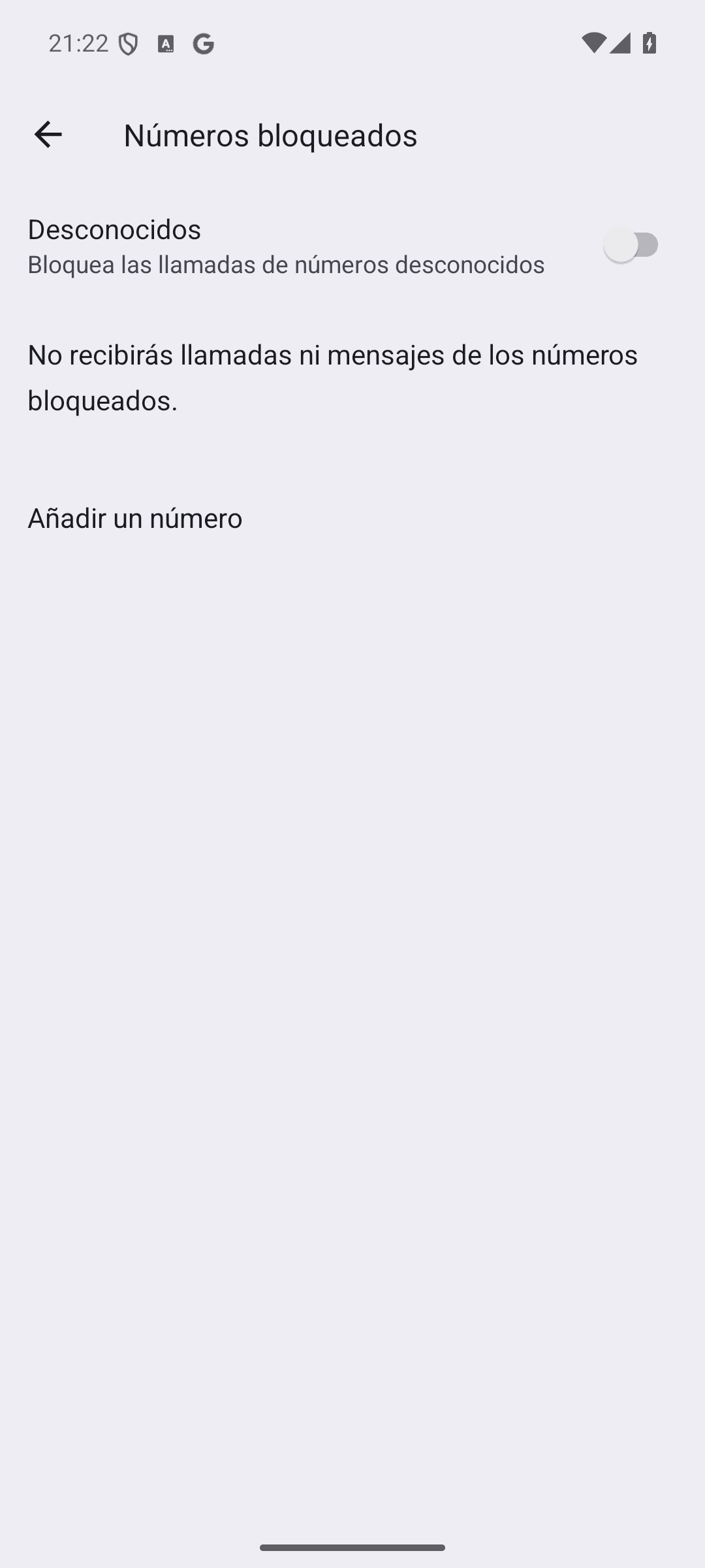 Pantalla Números bloqueados con el interruptor Desconocidos y la opción Añadir un número