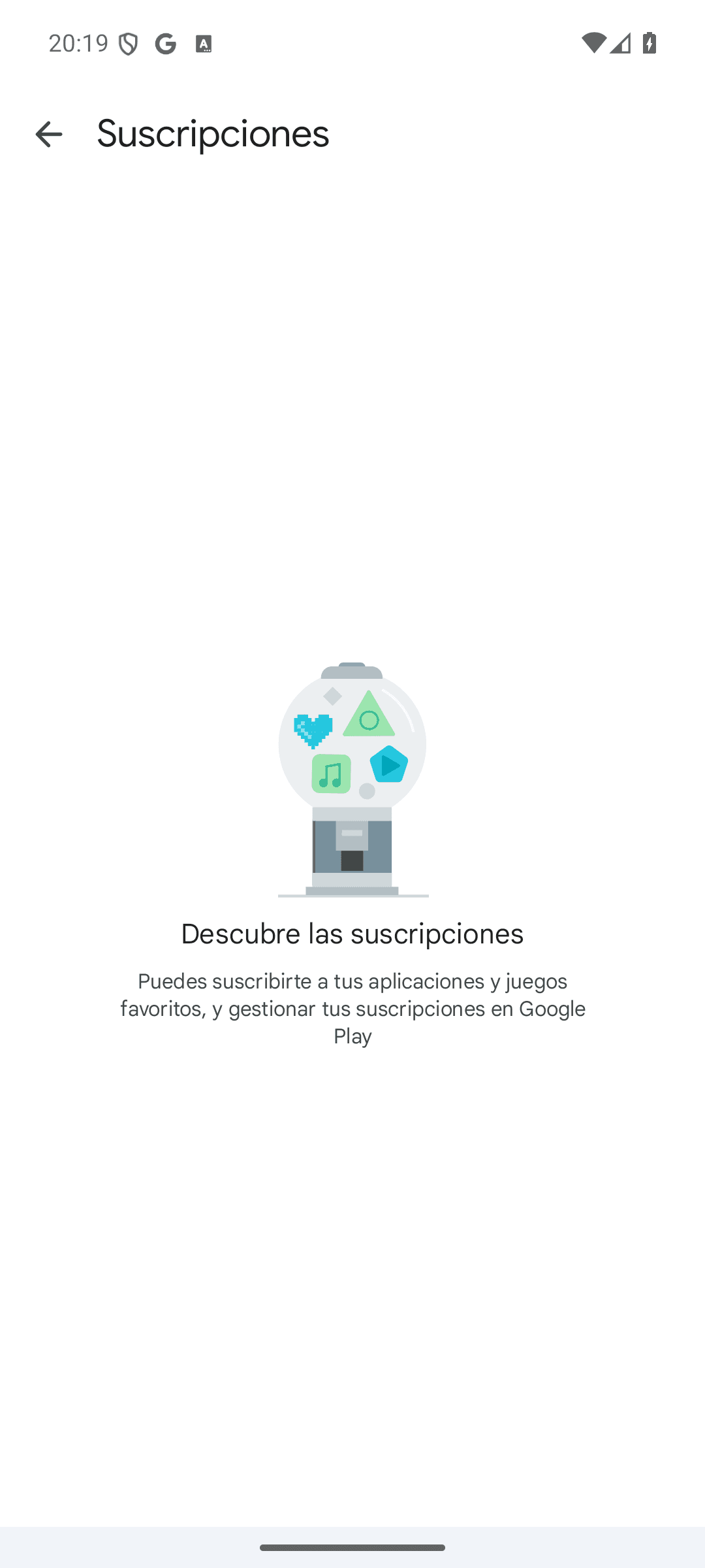 Pantalla «Suscripciones» de Google Play en un Pixel, sin ninguna suscripción activa