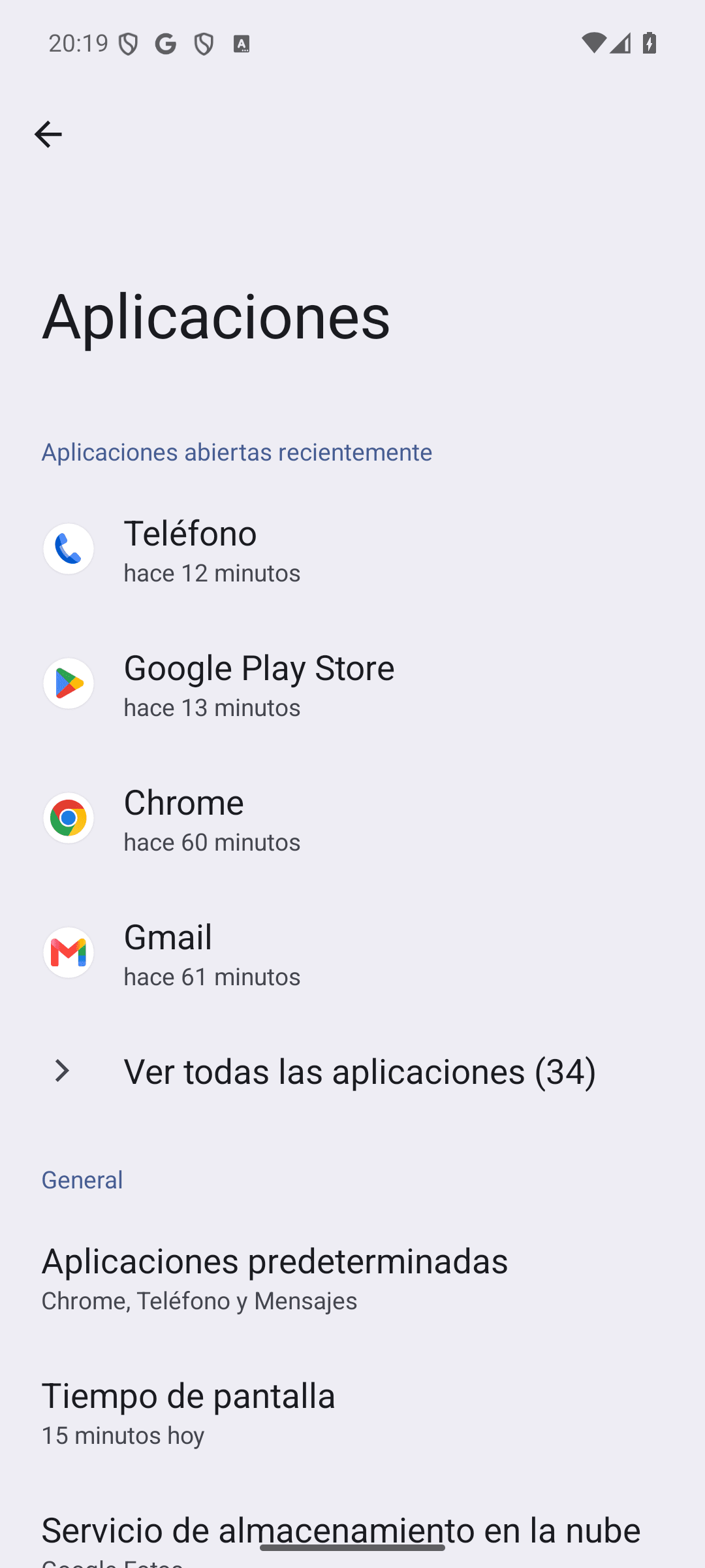 Pantalla Aplicaciones de los ajustes de Android con la opción Ver todas las aplicaciones y Aplicaciones predeterminadas