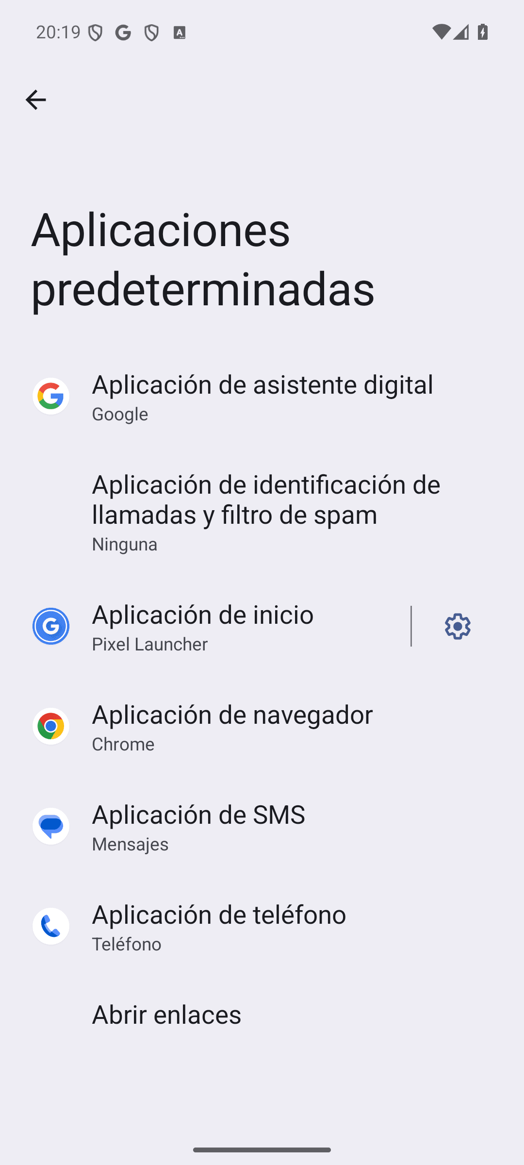 Pantalla Aplicaciones predeterminadas con la opción Aplicación de navegador