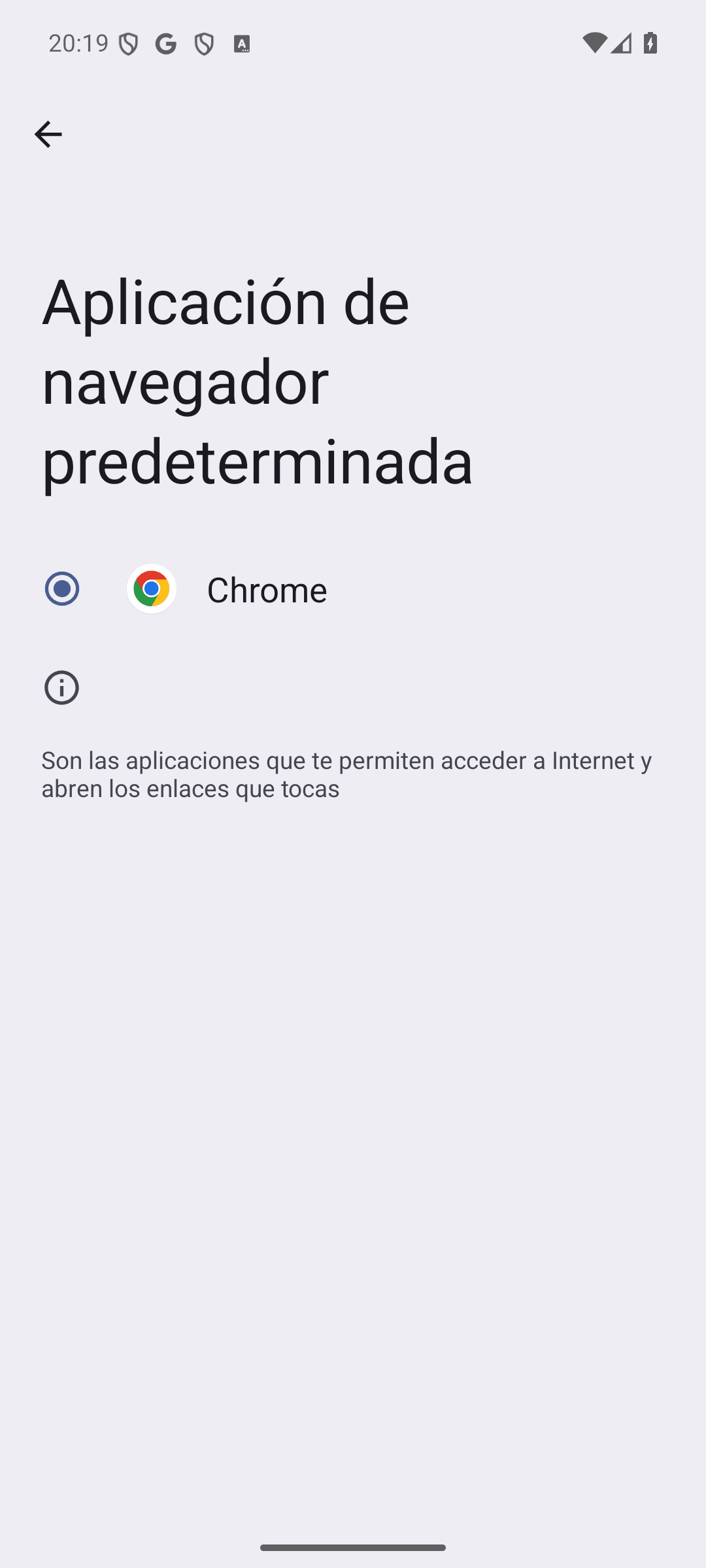 Pantalla Aplicación de navegador predeterminada con Chrome seleccionado