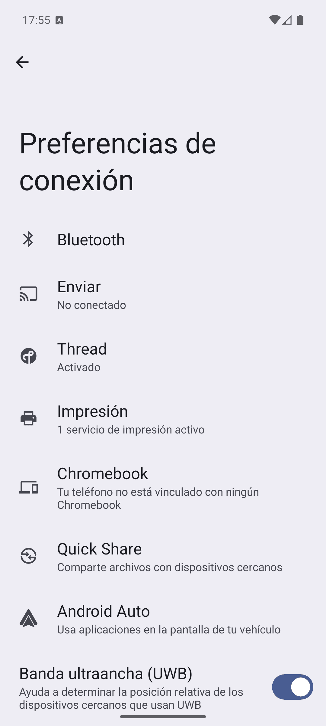 Pantalla Preferencias de conexión de Android 16 con la opción Enviar