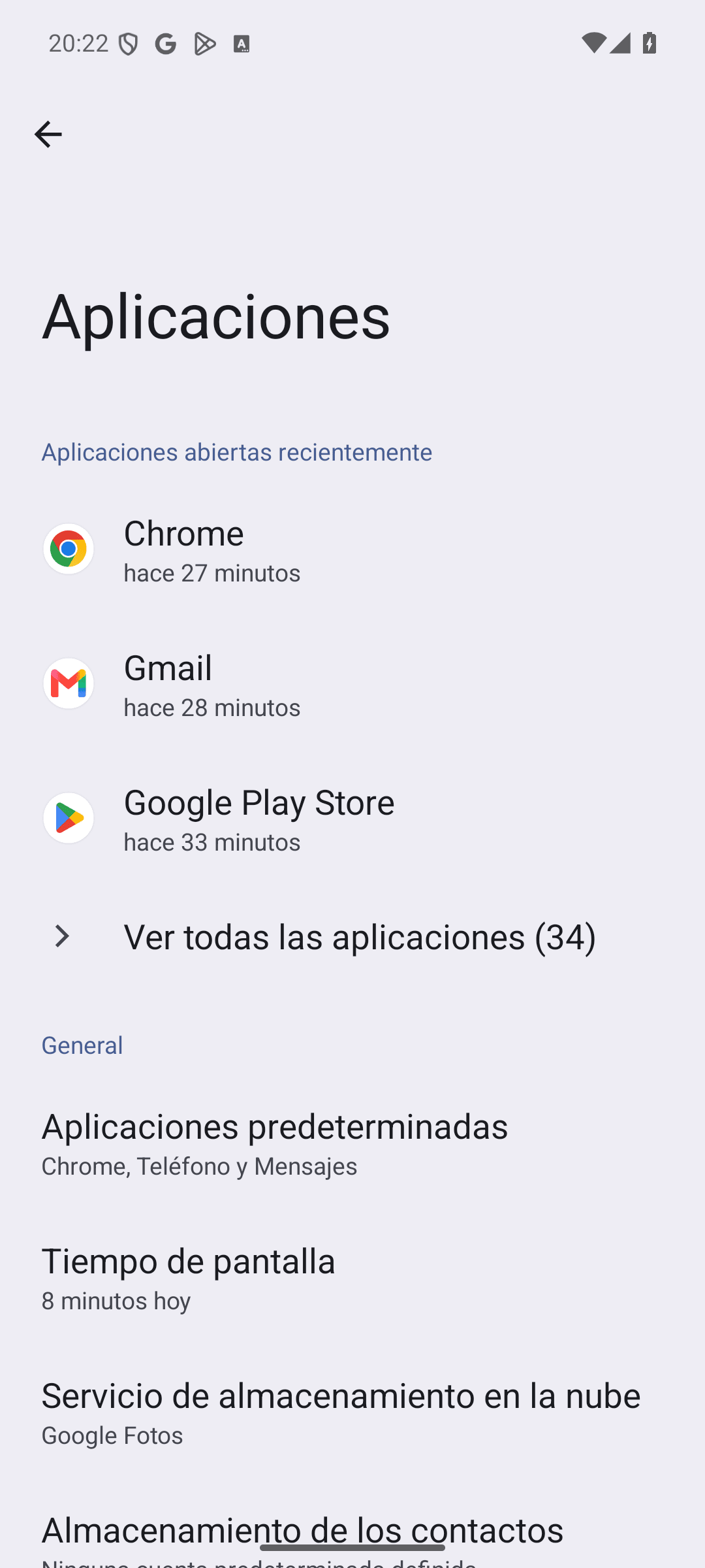 Pantalla Aplicaciones de los ajustes de un Pixel con la opción Ver todas las aplicaciones
