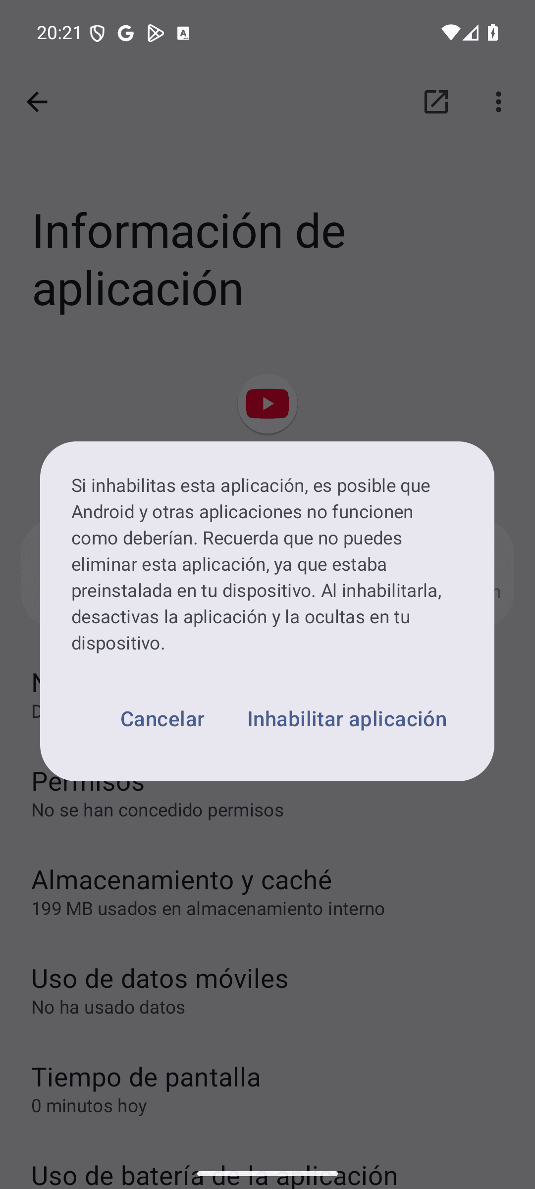 Aviso de Android al inhabilitar YouTube con los botones Cancelar e Inhabilitar aplicación