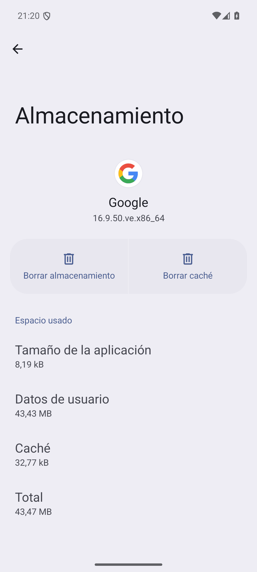 Pantalla «Almacenamiento» de la app Google con los botones Borrar almacenamiento y Borrar caché