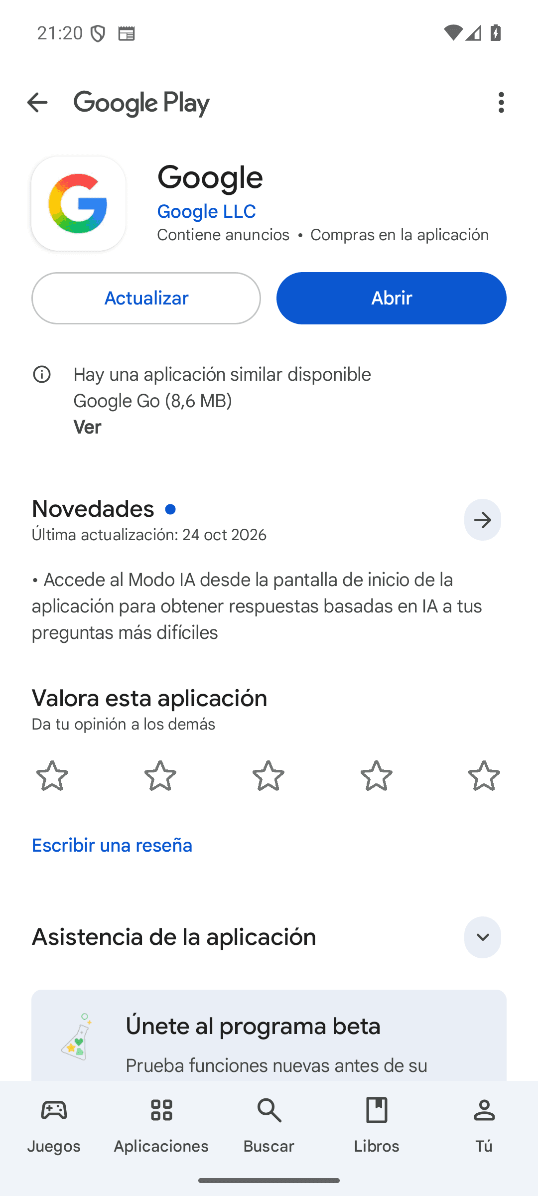 Ficha de la app Google en Play Store con el botón Actualizar