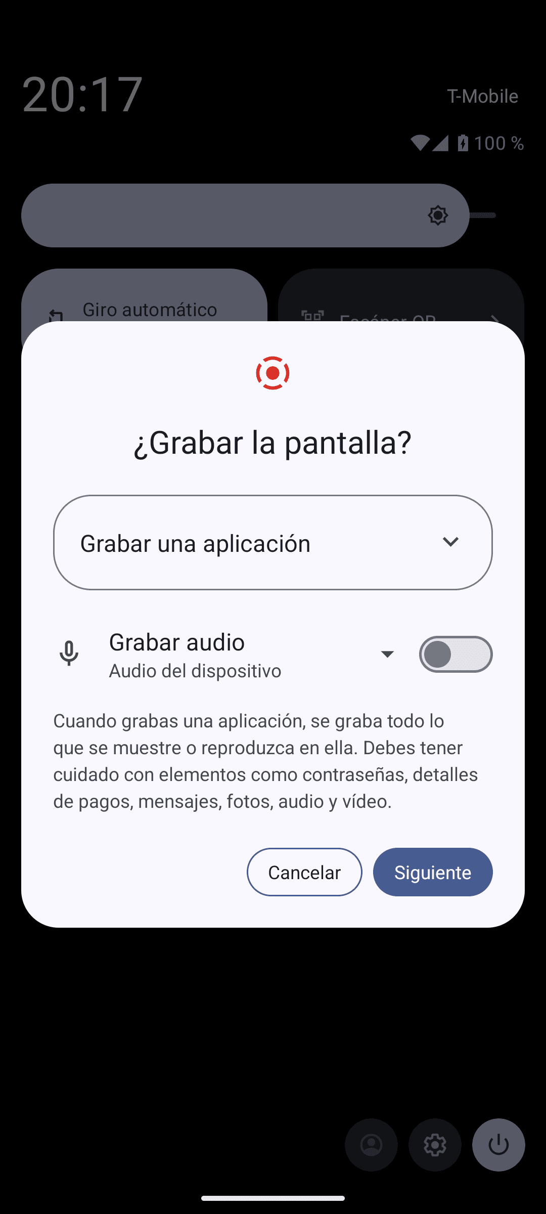Ventana ¿Grabar la pantalla? con la opción Grabar una aplicación y el interruptor Grabar audio