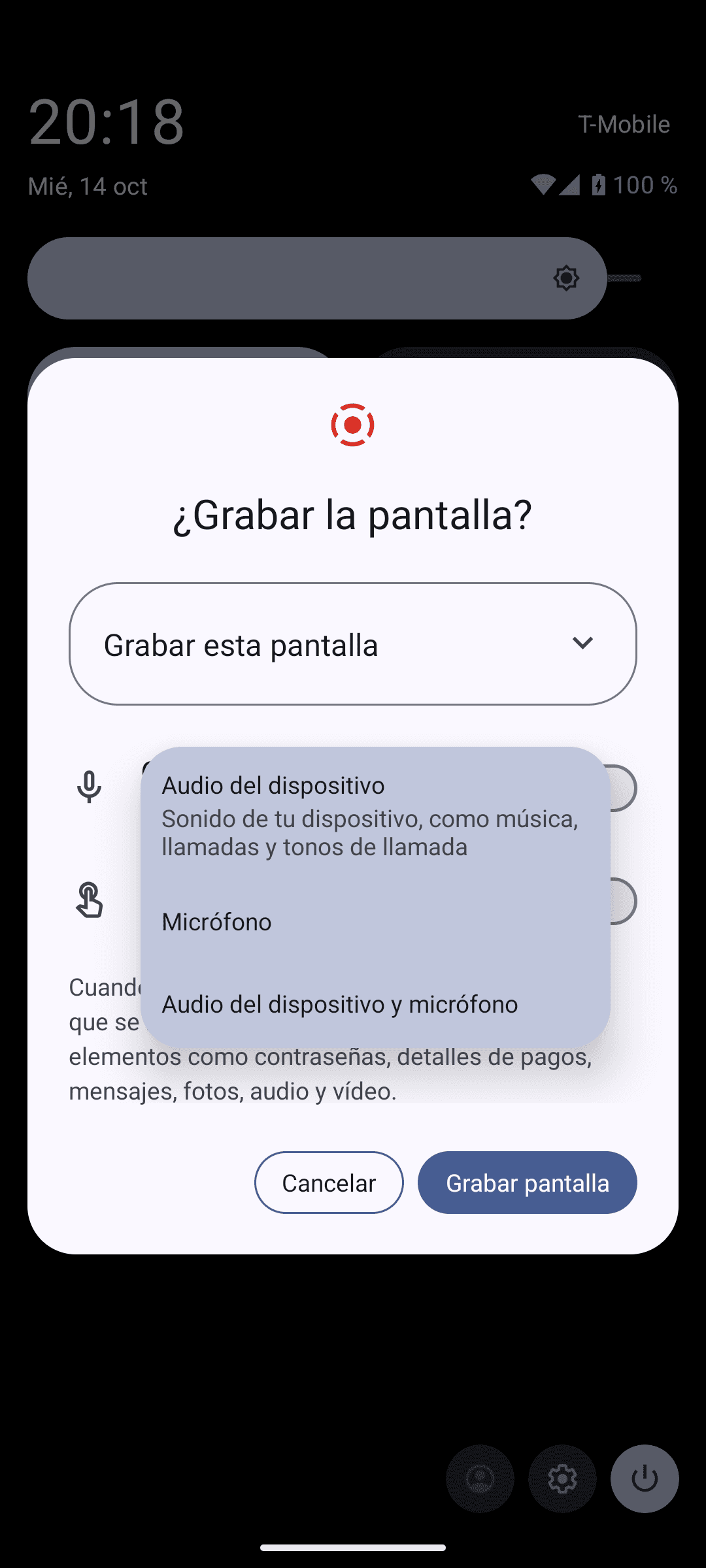 Menú de audio con las opciones Audio del dispositivo, Micrófono y Audio del dispositivo y micrófono