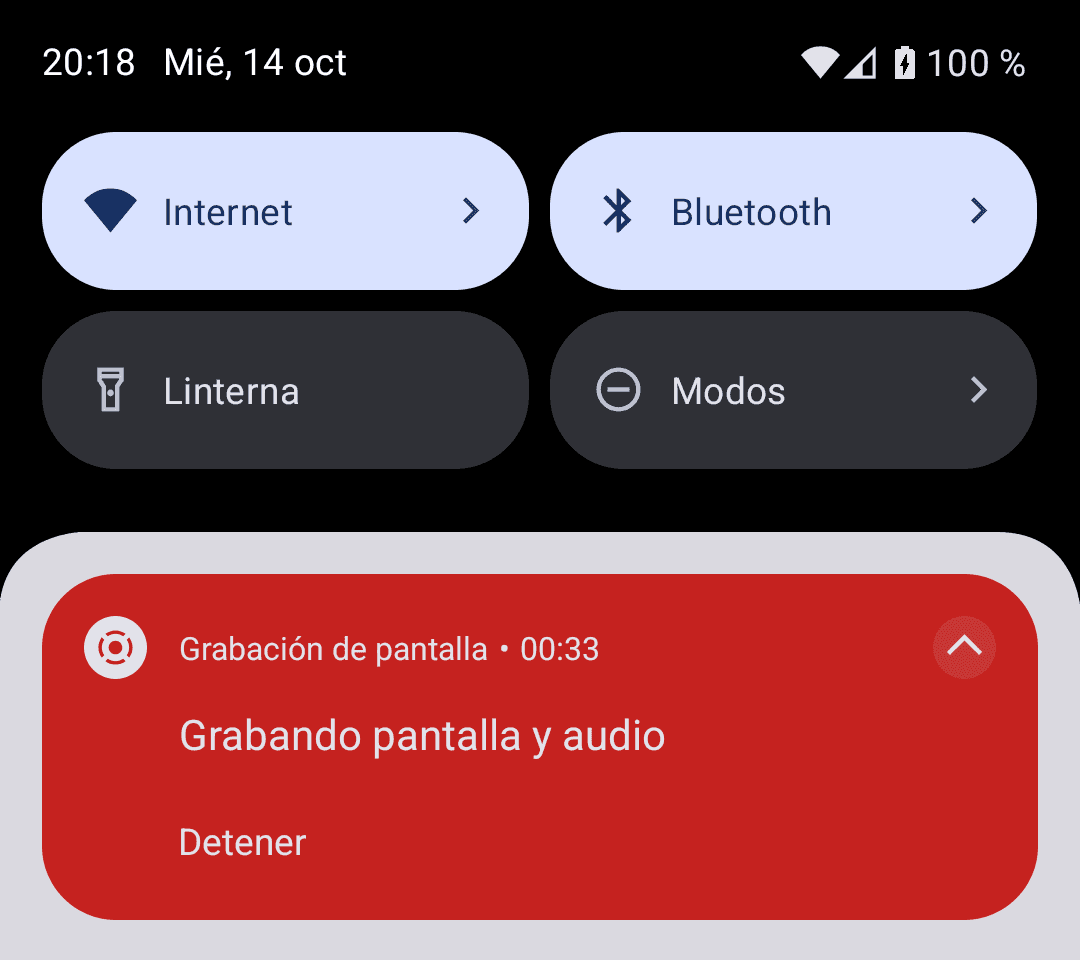 Notificación roja de grabación de pantalla con el botón Detener