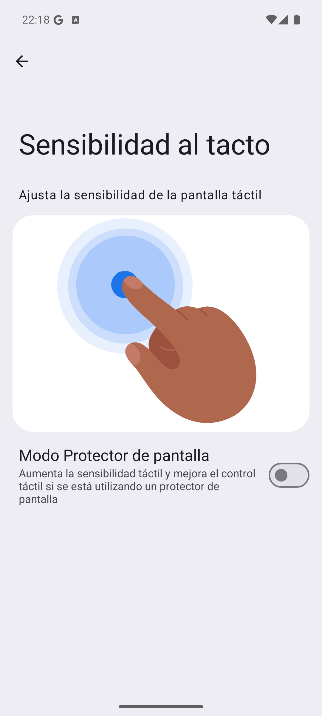 Pantalla «Sensibilidad al tacto» con el interruptor Modo Protector de pantalla