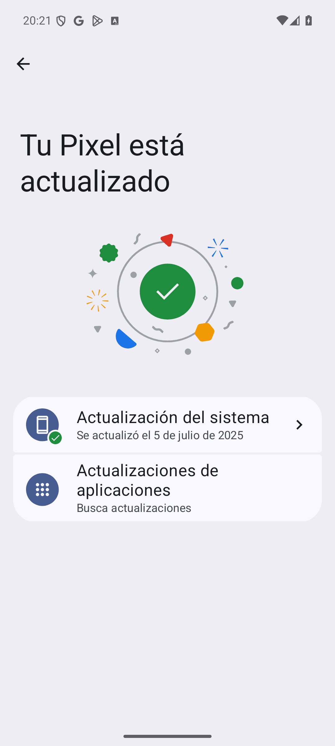 Pantalla «Actualizaciones de software» de un Pixel con el mensaje «Tu Pixel está actualizado»