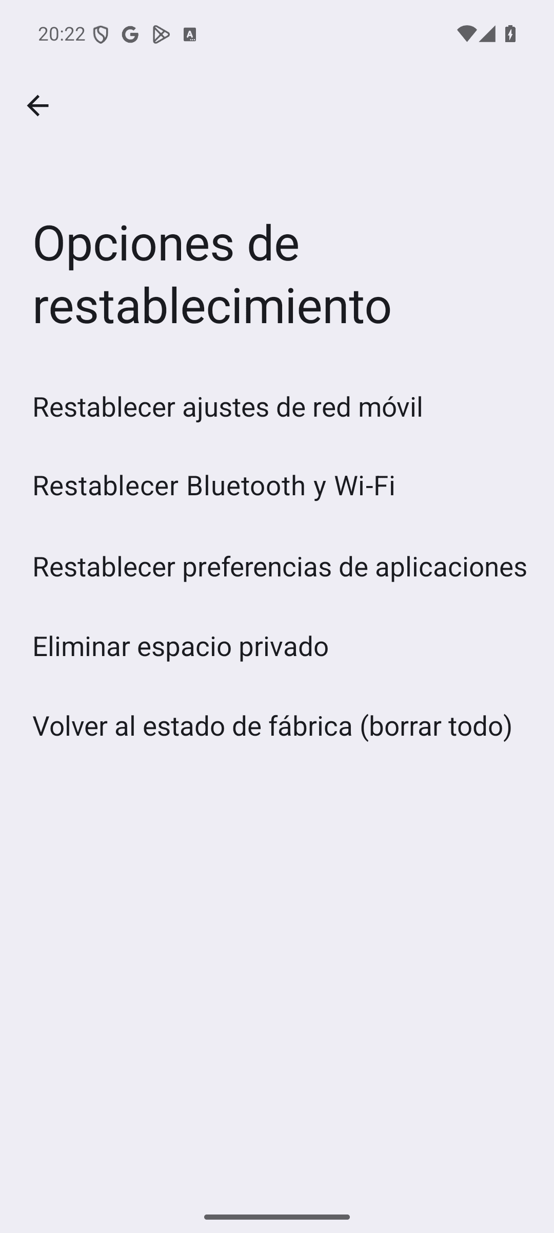 Pantalla «Opciones de restablecimiento» con la opción «Volver al estado de fábrica (borrar todo)»