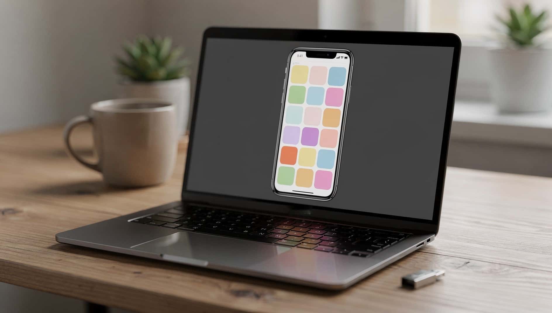 Portátil que muestra un emulador de Android en una ventana, con una memoria USB al lado