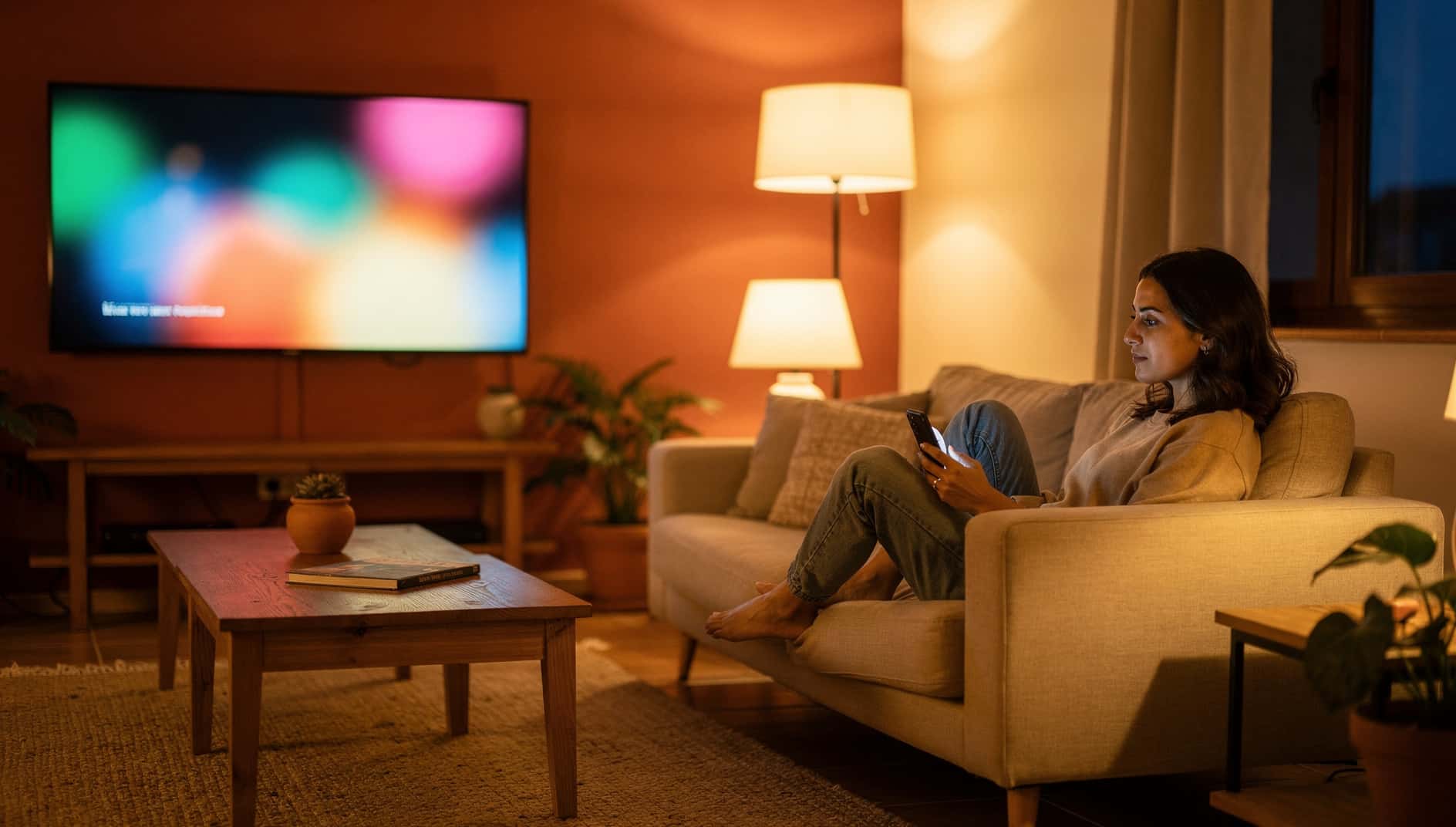 Mujer en el sofá enviando la pantalla del móvil a la televisión del salón