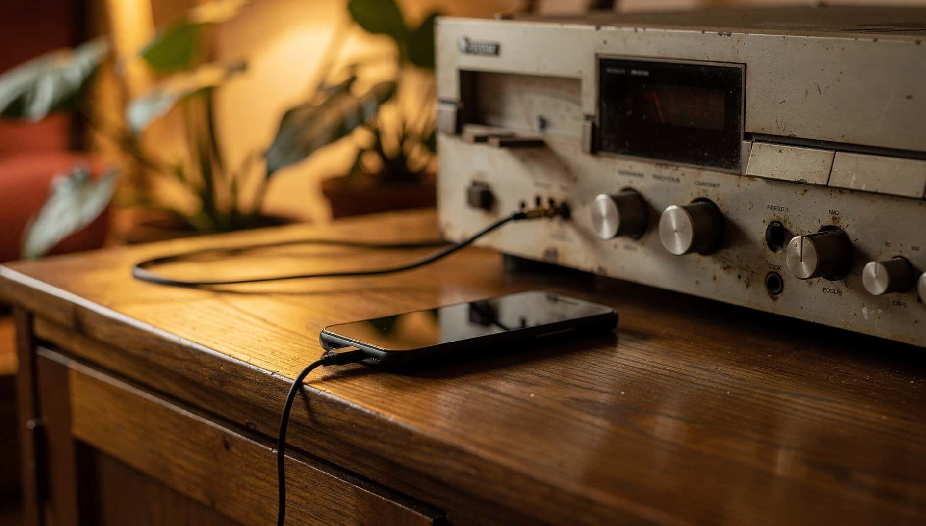 Móvil conectado con un cable de audio a un equipo de música antiguo