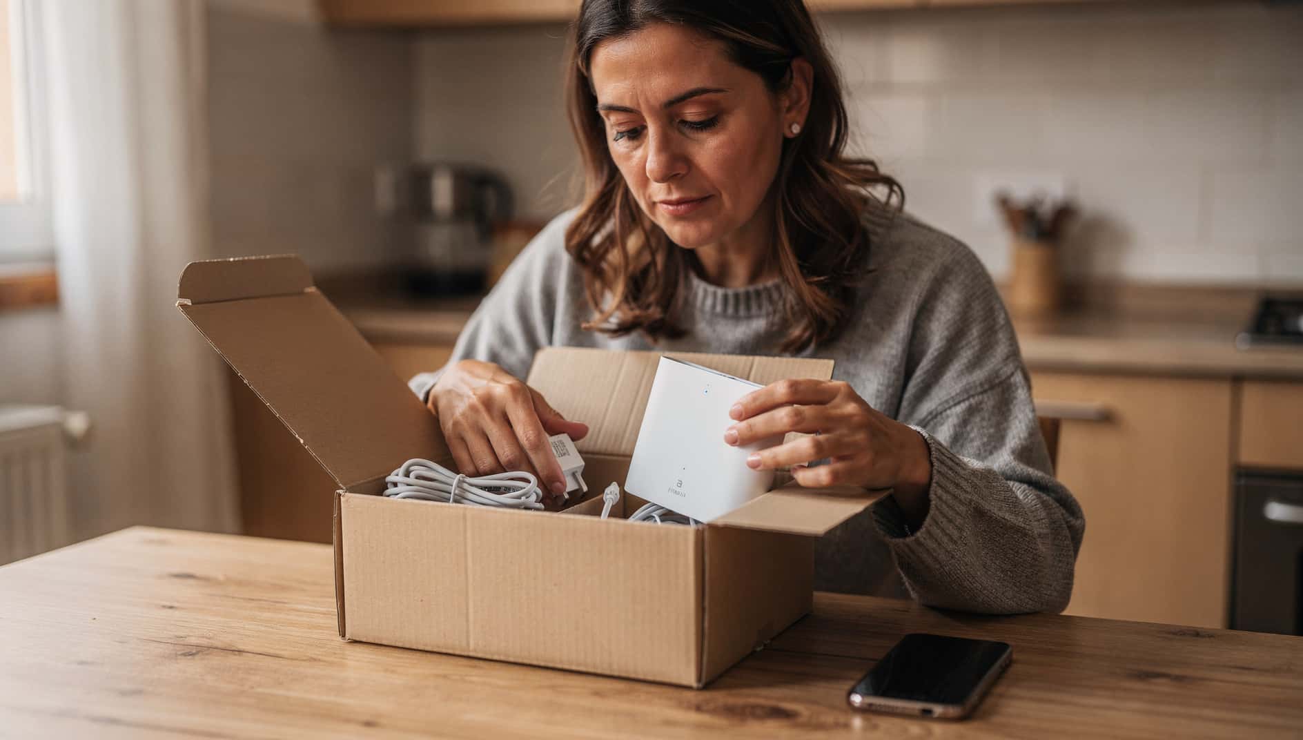 Mujer guardando el router y el decodificador en una caja para devolverlos tras la baja