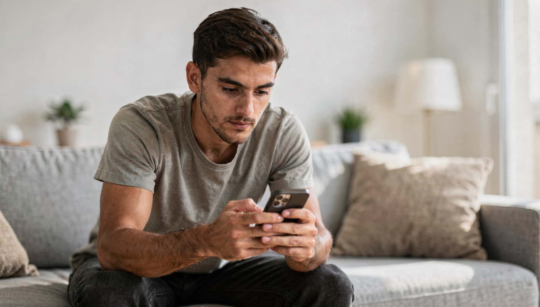 Joven en el sofá revisando las aplicaciones de su móvil