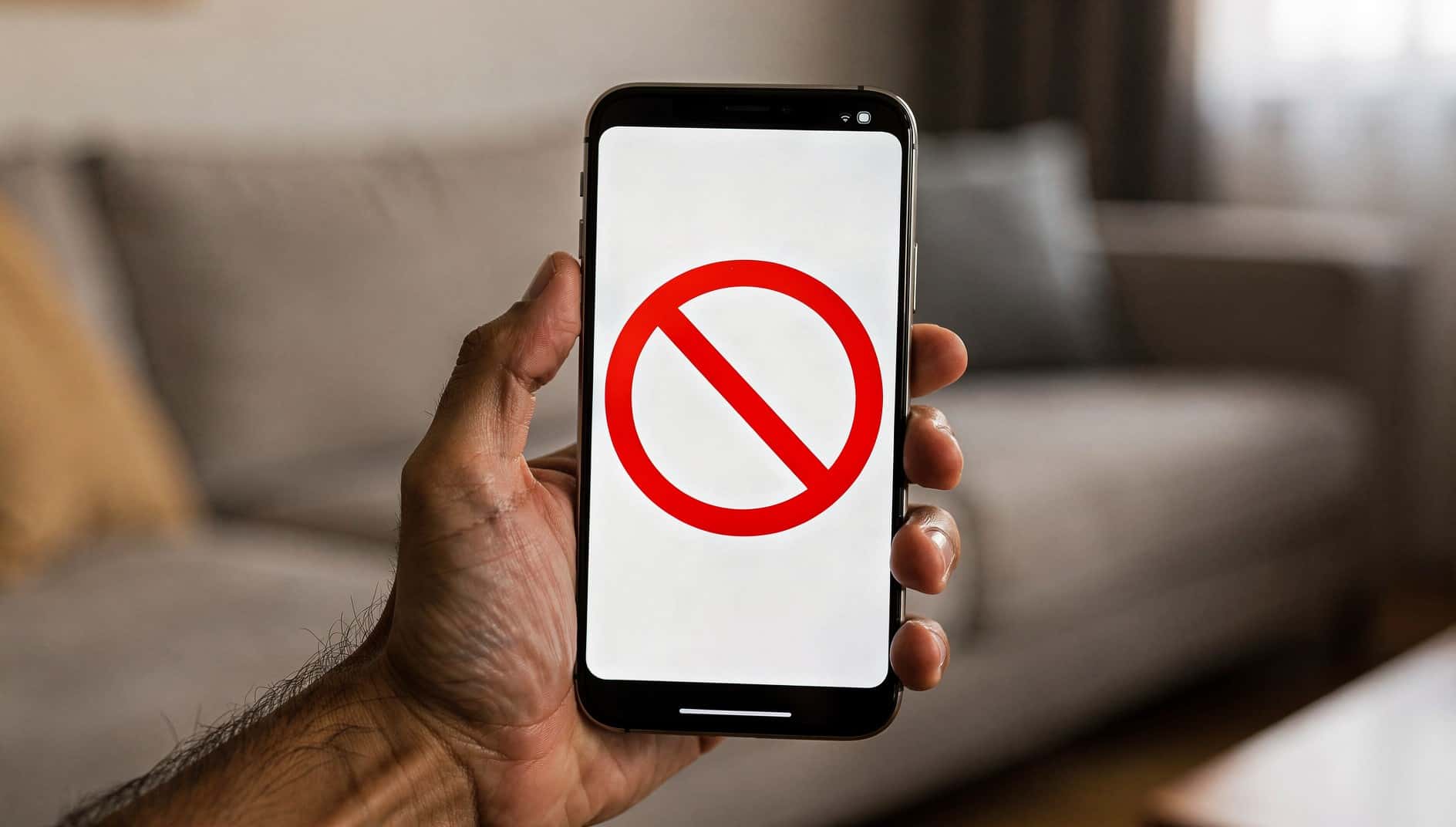 Mano que sostiene un móvil con un símbolo de prohibido en la pantalla