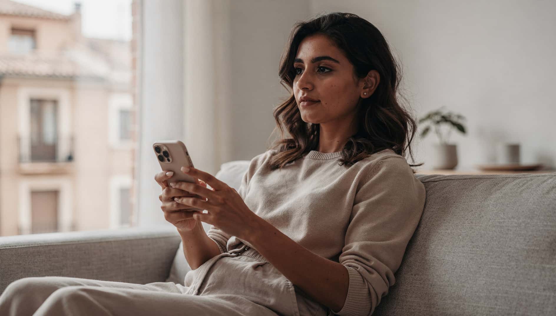 Mujer joven en el sofá de casa pensando si borrar su cuenta de Instagram desde el móvil