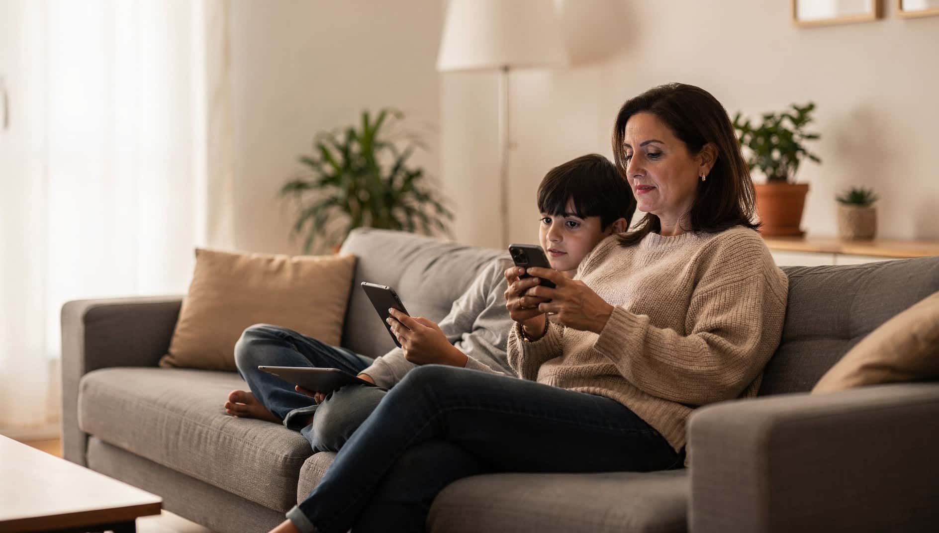 Una madre y su hijo, sentados en el sofá, miran cada uno su móvil y su tableta