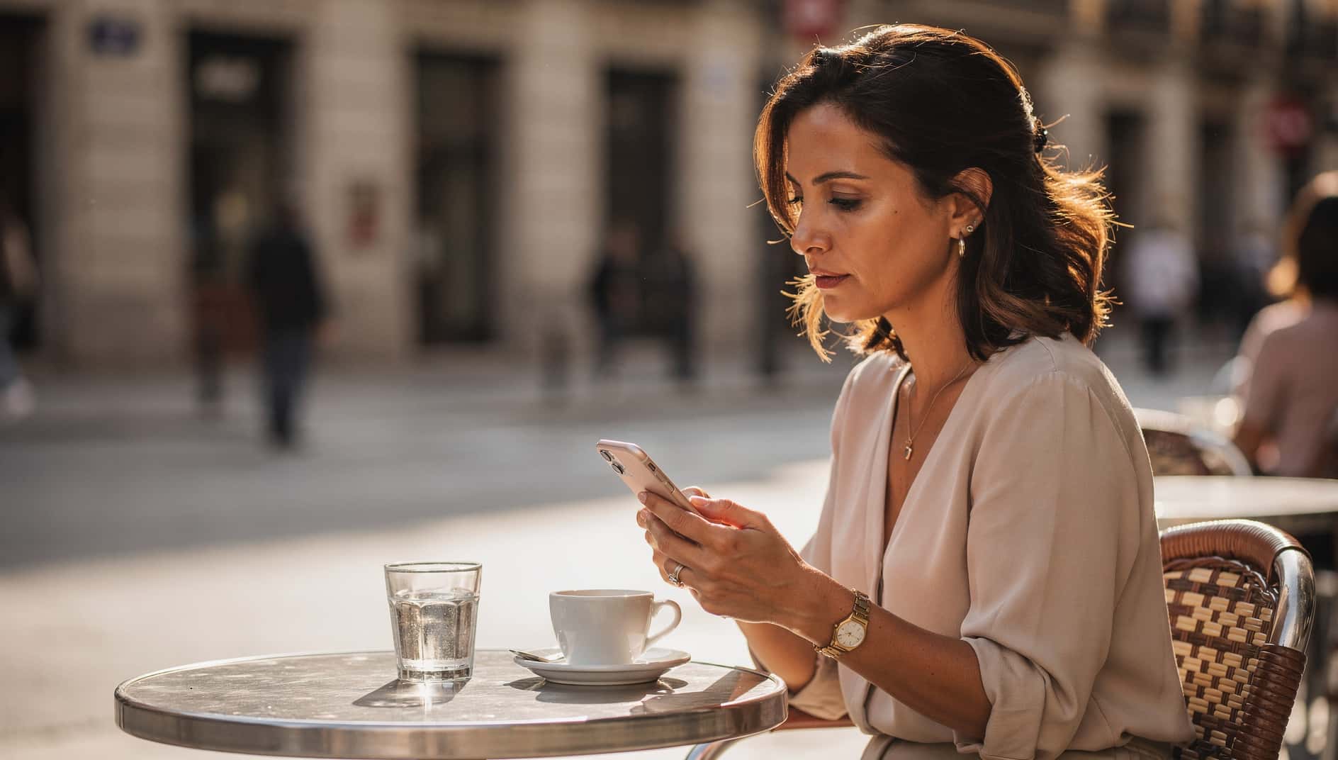 Mujer en una terraza de Madrid sujetando su móvil mientras piensa en la privacidad de sus datos