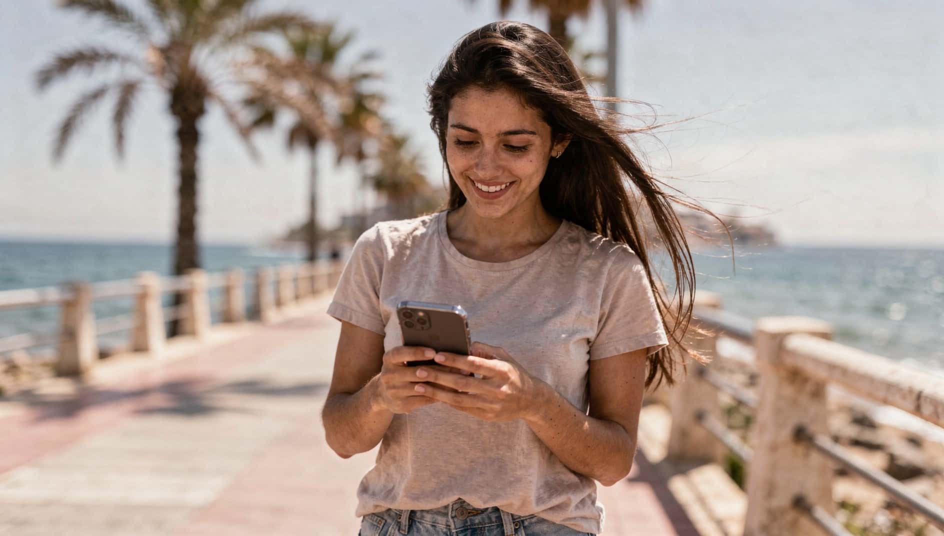 Mujer sonriente mira fotos en su móvil en un paseo marítimo